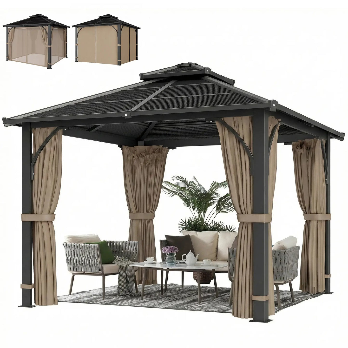 10' x 10' Hardtop Gazebo, 7mm Double Polycarbonate Roof, Netting And Curtains, Khaki Gazebos Khaki at Gallery Canada