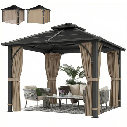 10' x 10' Hardtop Gazebo, 7mm Double Polycarbonate Roof, Netting And Curtains, Khaki Gazebos Khaki at Gallery Canada