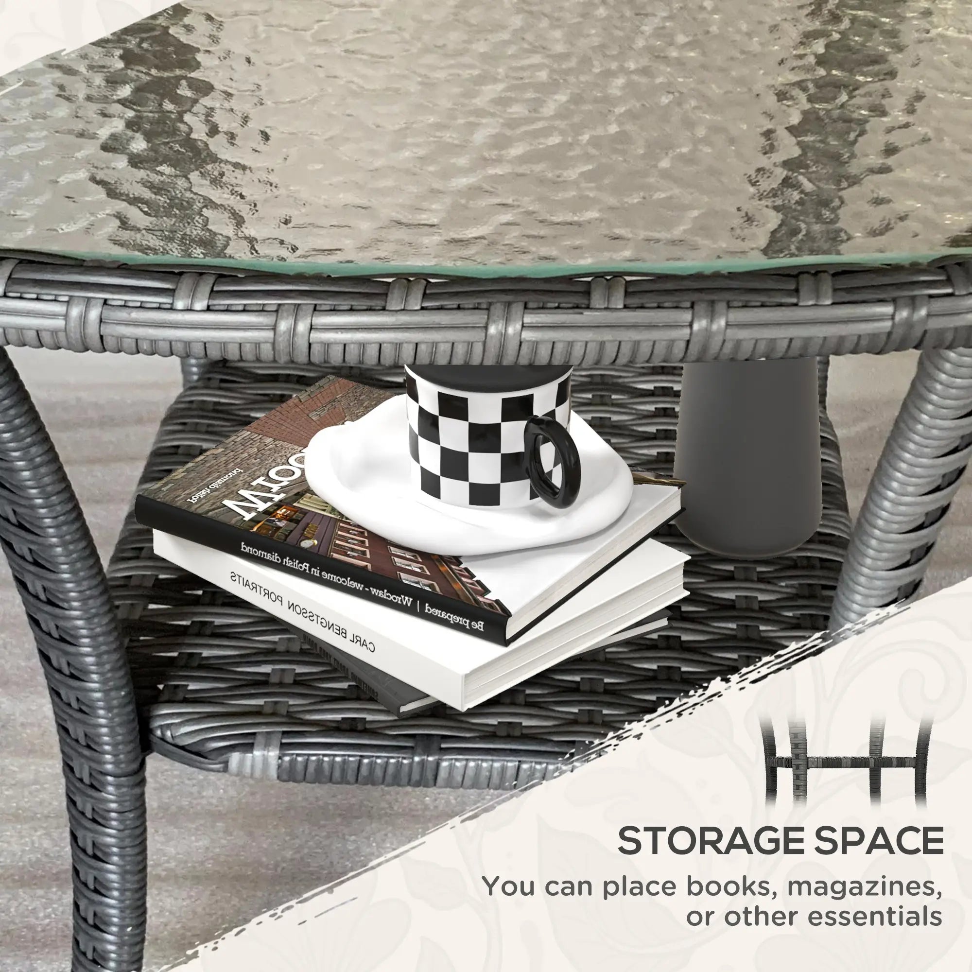 Outdoor Coffee Table With Storage Shelf, Hand-Woven Wicker Side Table, Mix Grey Patio Side Tables at Gallery Canada