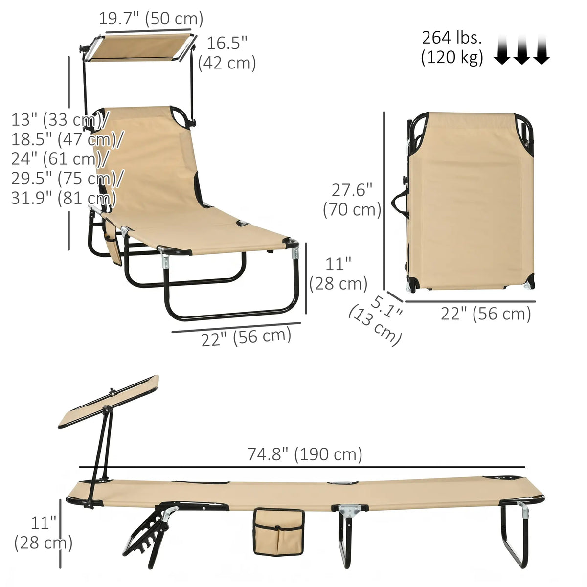 2 Piece Folding Chaise Lounges, Reclining Back, Sunshade, Pool, Beach, Patio
