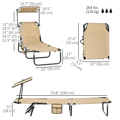 2 Piece Folding Chaise Lounges, Reclining Back, Sunshade, Pool, Beach, Patio