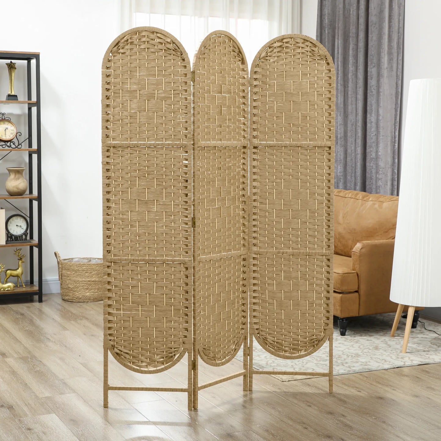3 Panel Bohemian Privacy Screen, Arched Top Room Divider, Natural Wood
