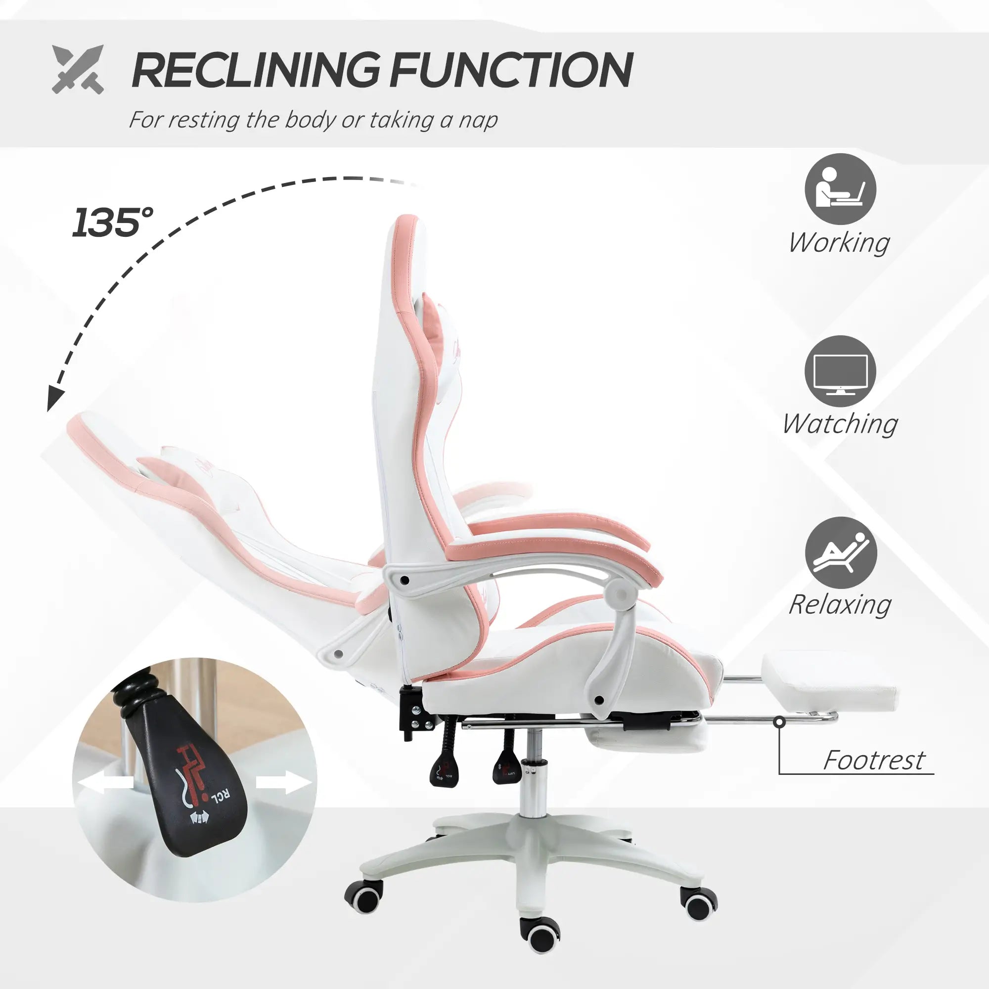 Computer Gaming Chair, PU Leather, 135° Reclining Back, White Video Game Chairs at Gallery Canada