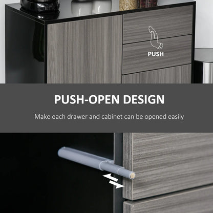 High Gloss Buffet Sideboard, 2 Drawers, 2 Doors, Adjustable Shelf, Kitchen Cabinet, Grey Black