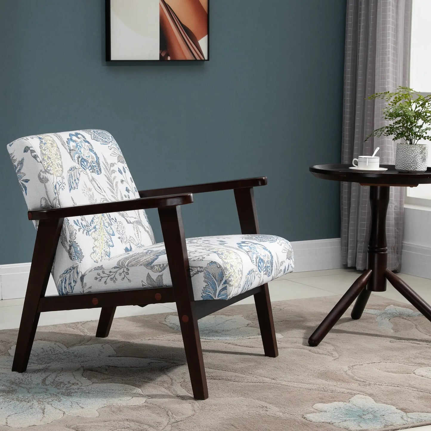 Mid-Century Modern Accent Chair, Retro Fabric Armchair, Wooden Arm, Floral Accent Chairs at Gallery Canada