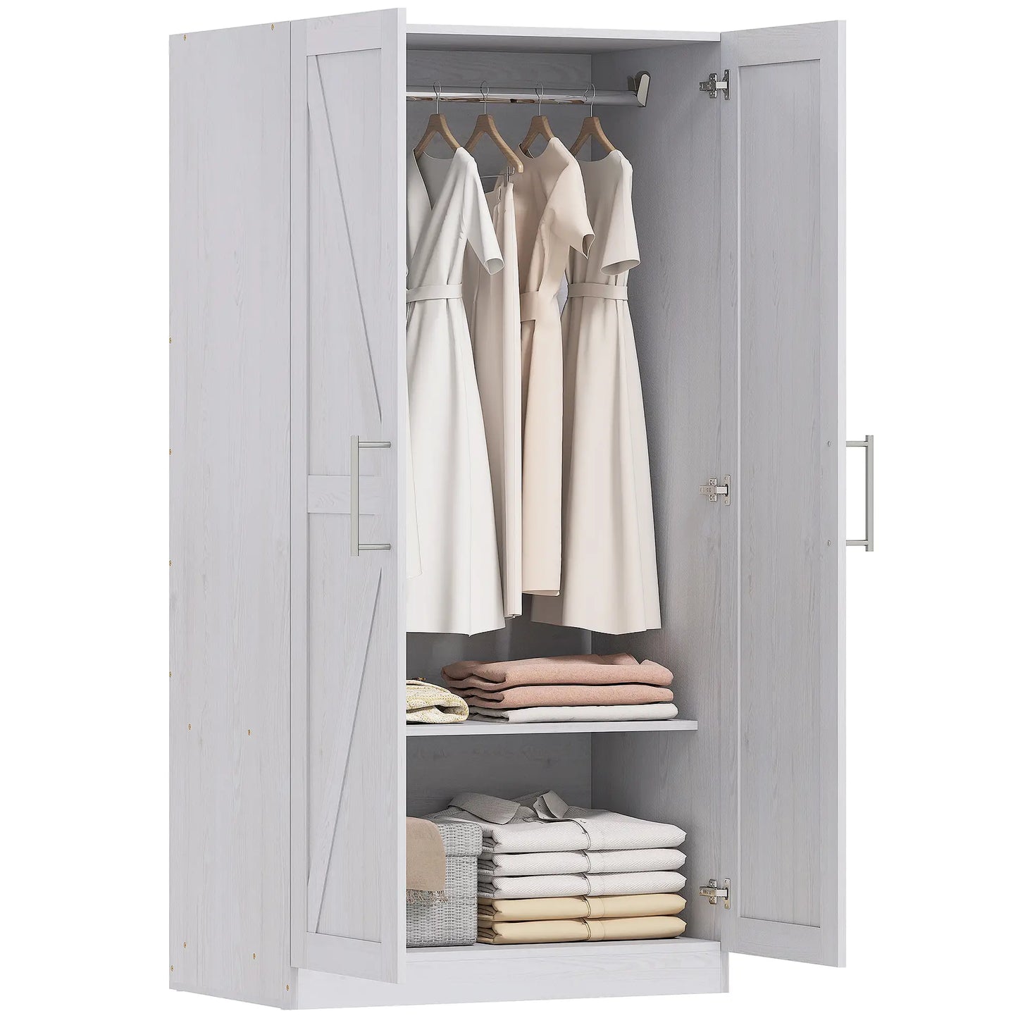 Farmhouse Armoire Wardrobe, 2 Barn Doors, White Wood Effect, White