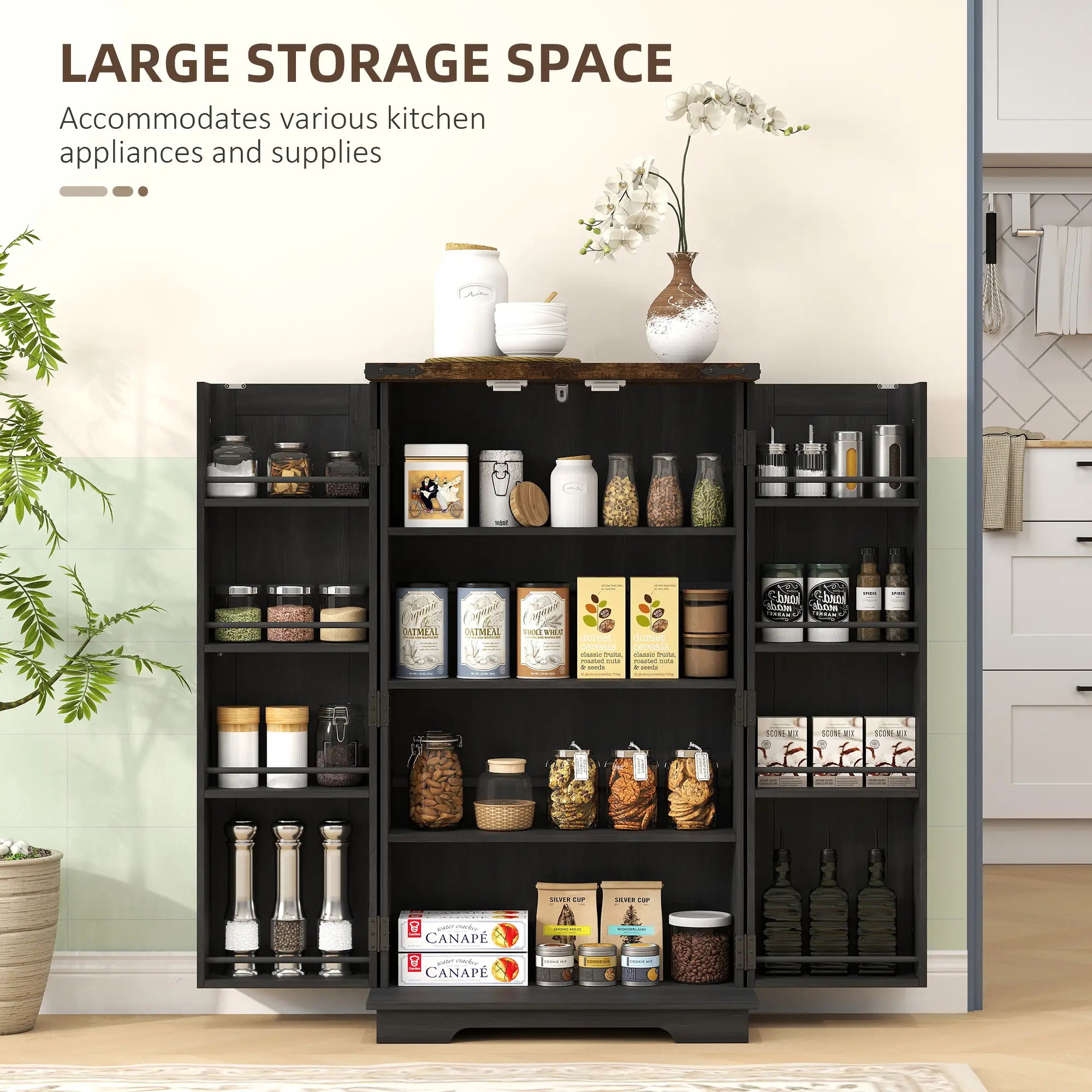 Farmhouse Kitchen Pantry Cabinet, Adjustable Shelves, Black Kitchen Pantry Cabinets at Gallery Canada