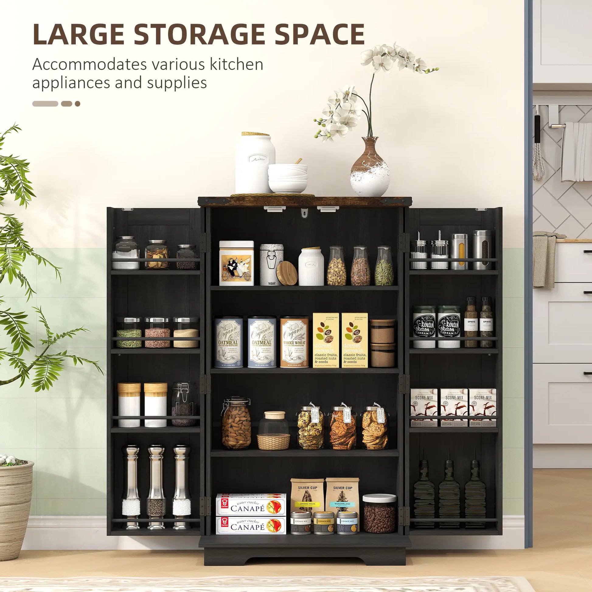 Farmhouse Kitchen Pantry Cabinet, Adjustable Shelves, Black Kitchen Pantry Cabinets at Gallery Canada