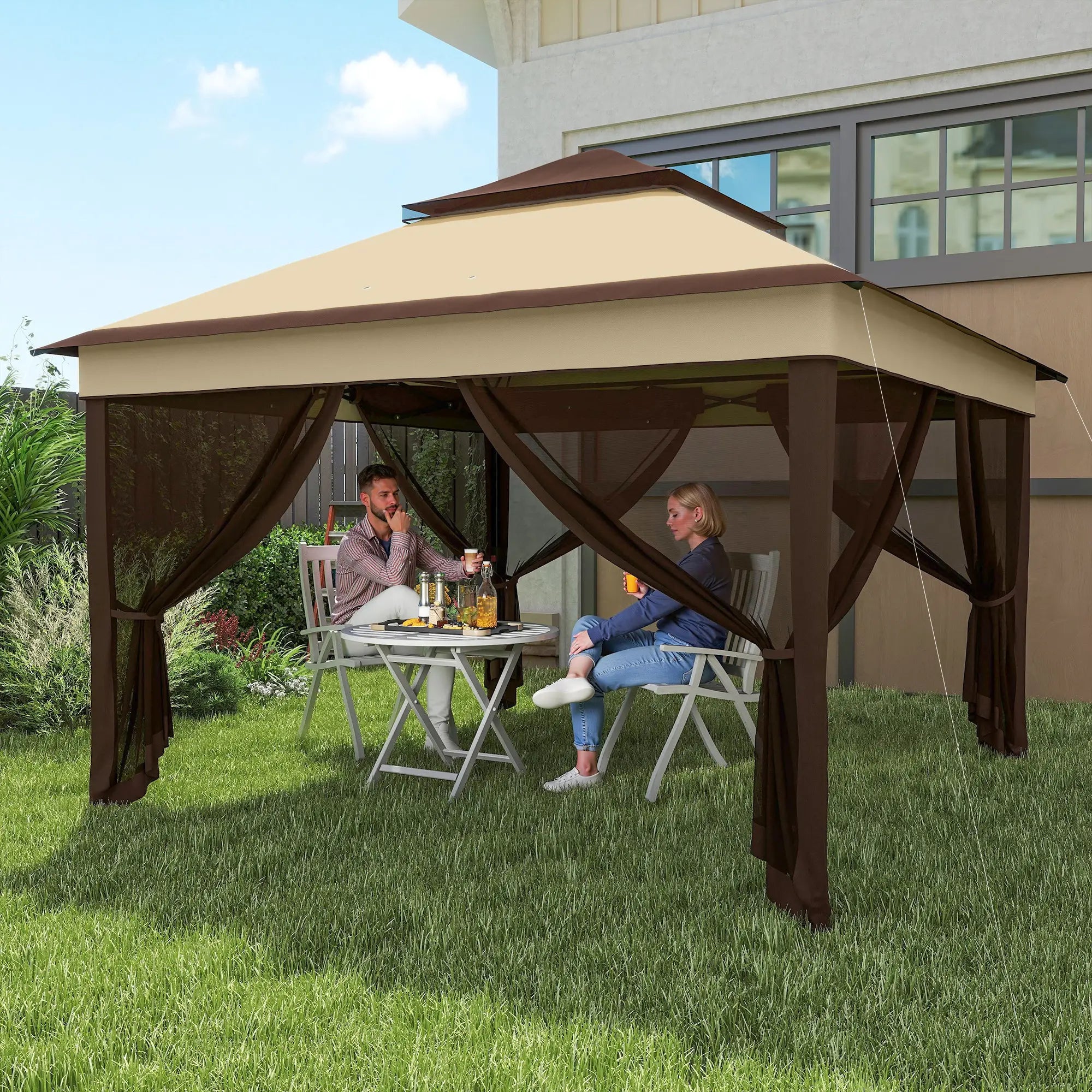10.7 x 10.7ft Pop Up Gazebo, Adjustable Sun Shelter, UV30+ Roof, Removable Mesh Curtains, Beige Pop Up Canopies at Gallery Canada