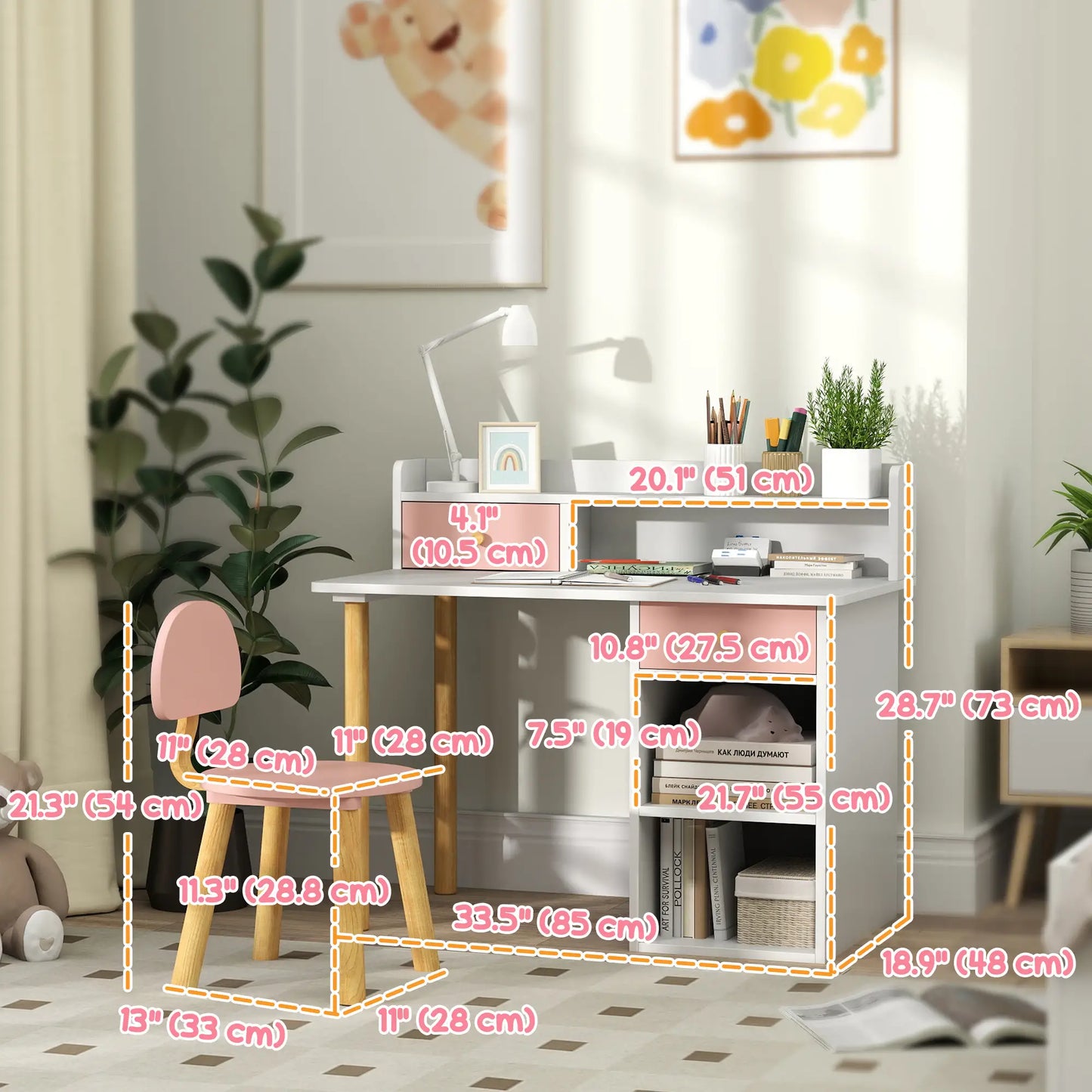 Kids Study Table and Chair Set, Desk with Storage, for 3-8 Year Old, Pink Kids Desk Sets at Gallery Canada