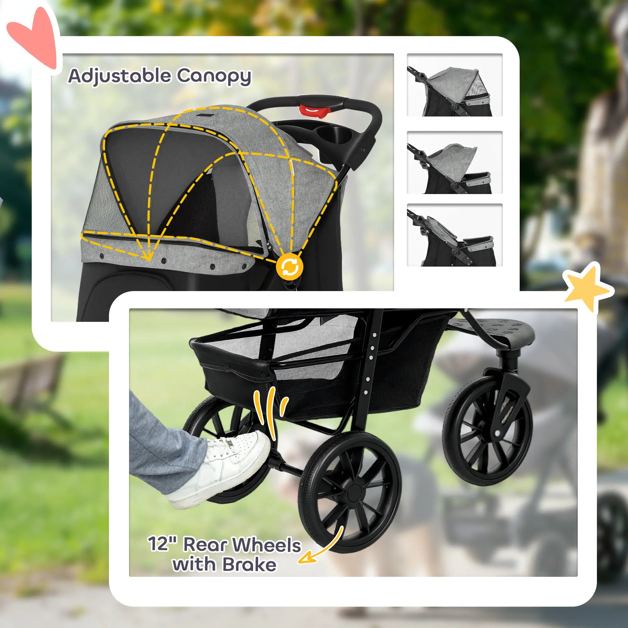 3 Wheel Folding Dog Stroller, Adjustable Canopy, Storage Brake, Mesh Window, for S&M Dogs, Grey Dog Bike Trailers & Strollers at Gallery Canada