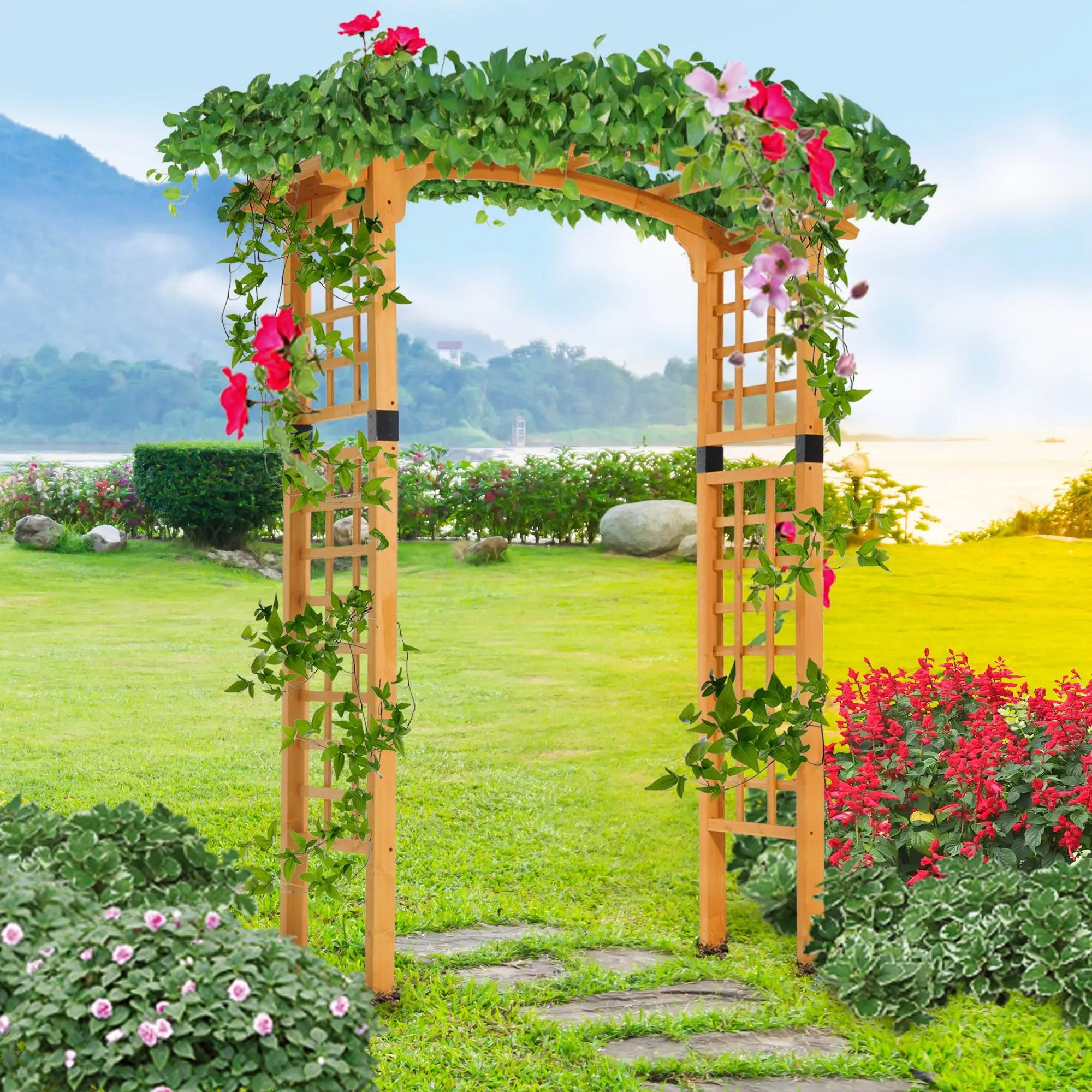7.5FT Wood Garden Arch Trellis, Round Pergola Arbor, Yellow Garden Arches at Gallery Canada