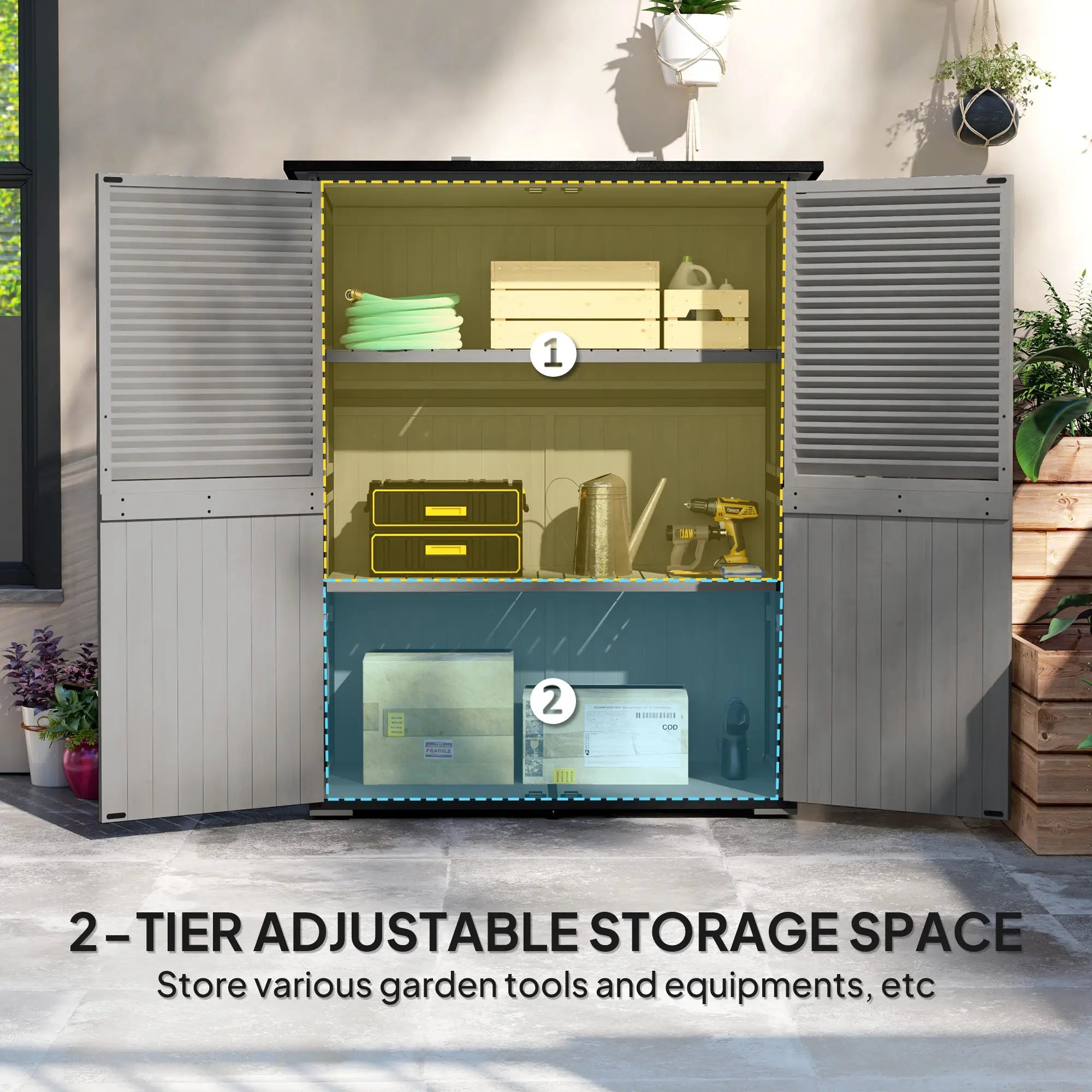 Outdoor Storage Cabinet, Wood Garden Shed, Steel Frame, Asphalt Roof, 2 Shelves, Lockable Doors, Grey Sheds at Gallery Canada