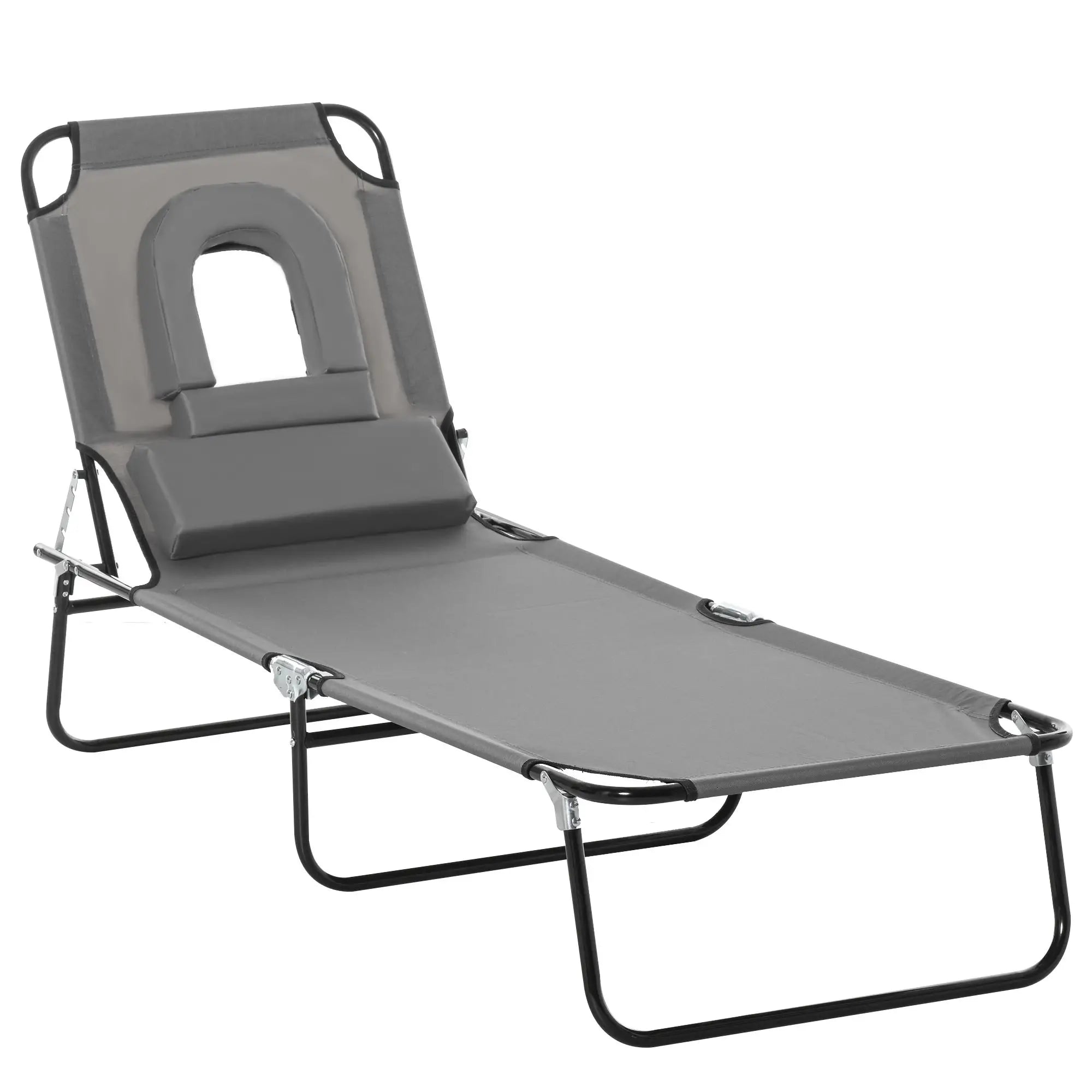 Adjustable Outdoor Lounge Chair, Folding Chaise with Face Hole, Grey Lounger Chairs Grey at Gallery Canada