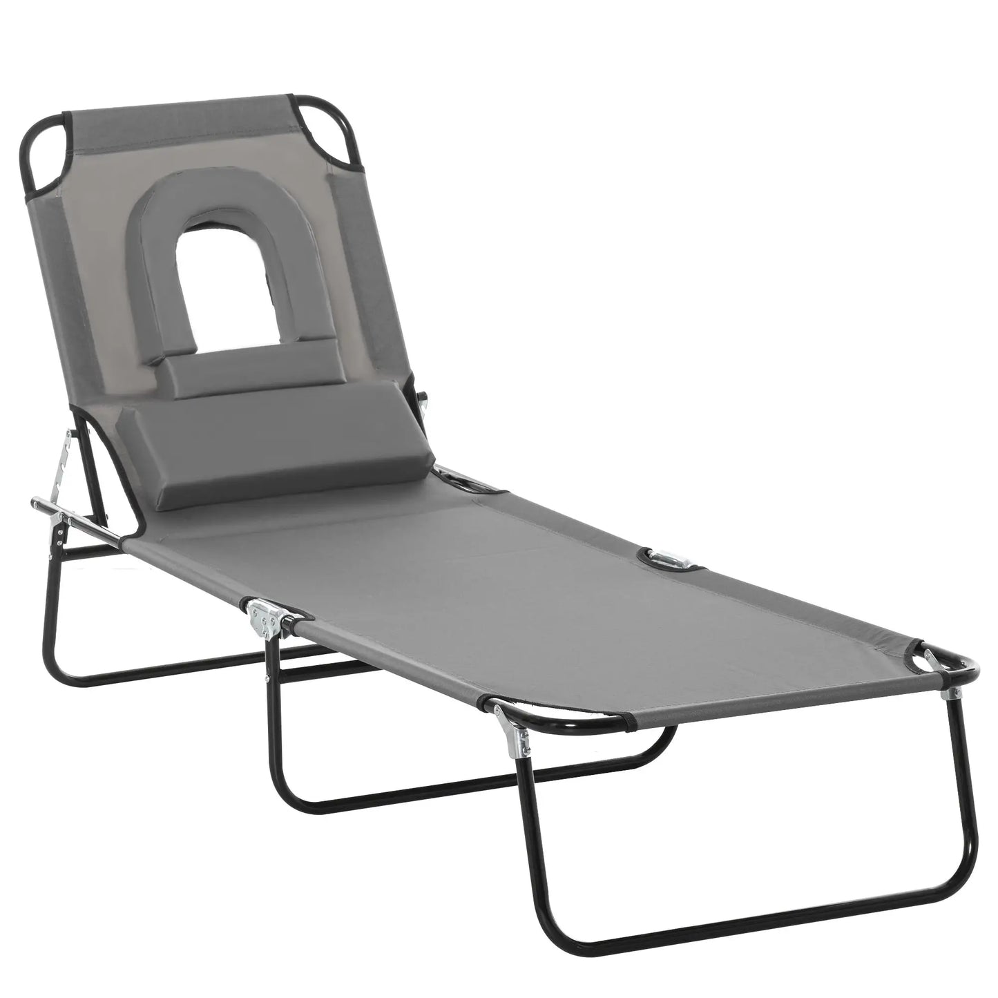 Adjustable Outdoor Lounge Chair, Folding Chaise with Face Hole, Grey Lounger Chairs Grey at Gallery Canada