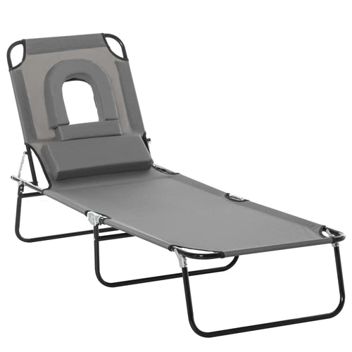 Adjustable Outdoor Lounge Chair, Folding Chaise with Face Hole, Grey