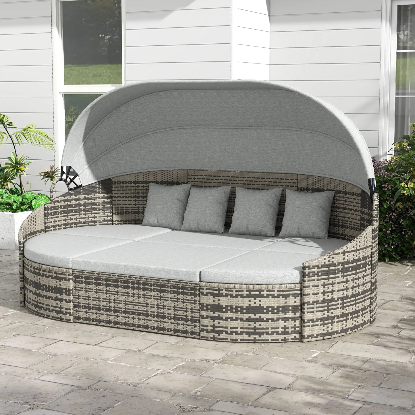 4-Piece PE Wicker Round Daybed, Outdoor Rattan Lounge Set, Light Grey Daybeds at Gallery Canada