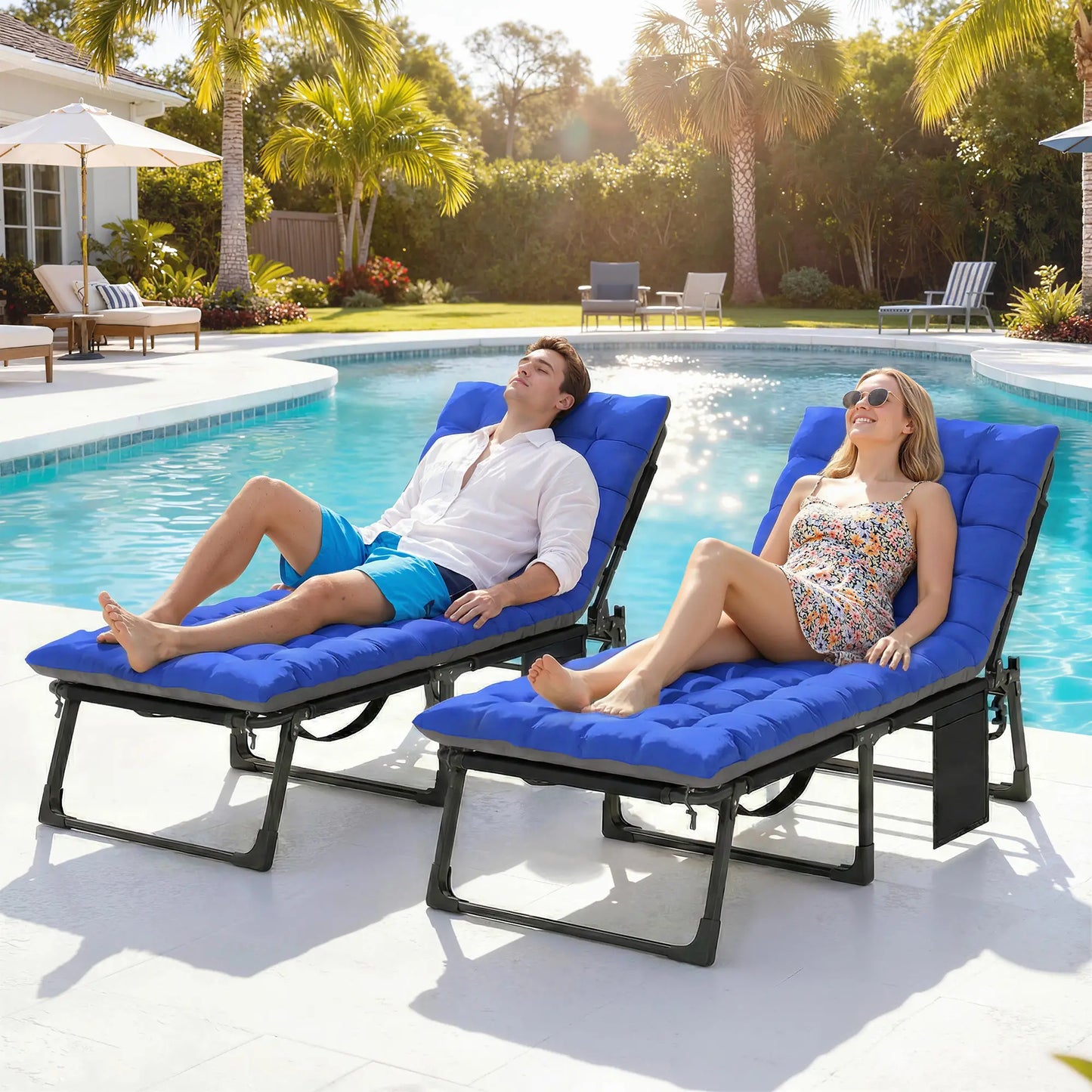 75 cm Wide Folding Chaise Lounge Chair, Set of 2, Grey/Blue Lounger Chairs at Gallery Canada