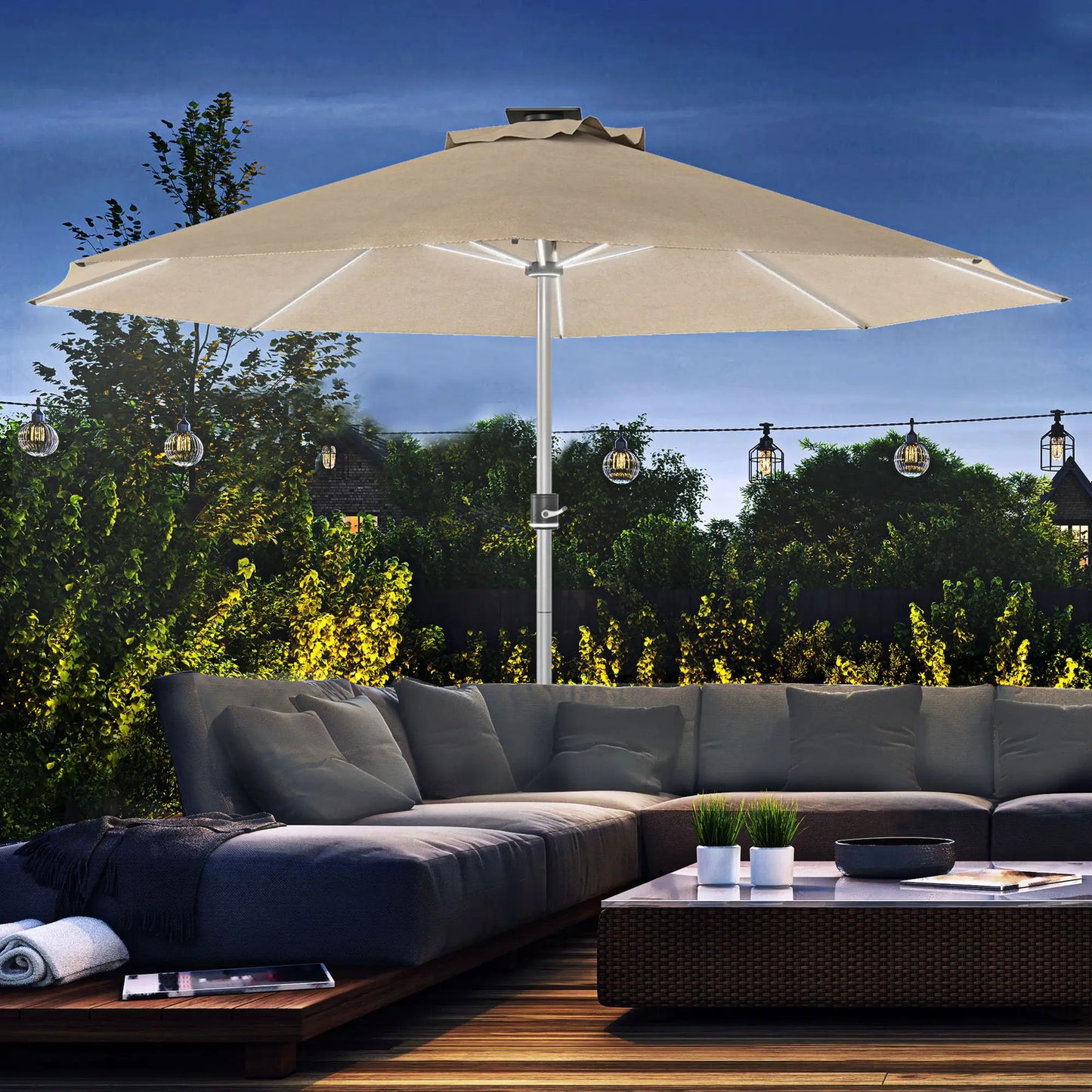 LED Patio Umbrella, Solar & USB Charging, 4 Lighting Modes, Khaki Sun Umbrellas at Gallery Canada