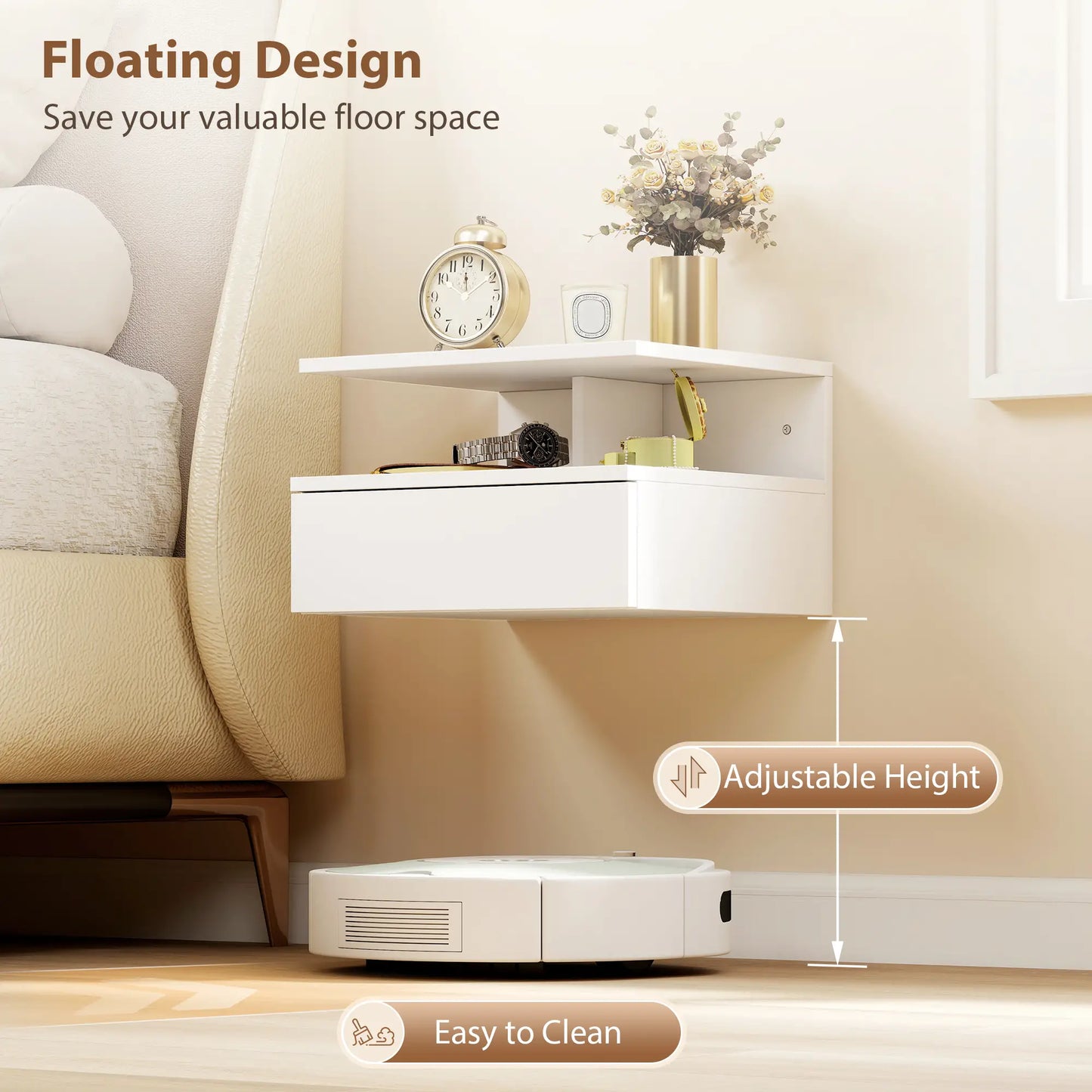 Floating Nightstand Set of 2, Wall Mounted with Drawer, White Bedside Tables at Gallery Canada