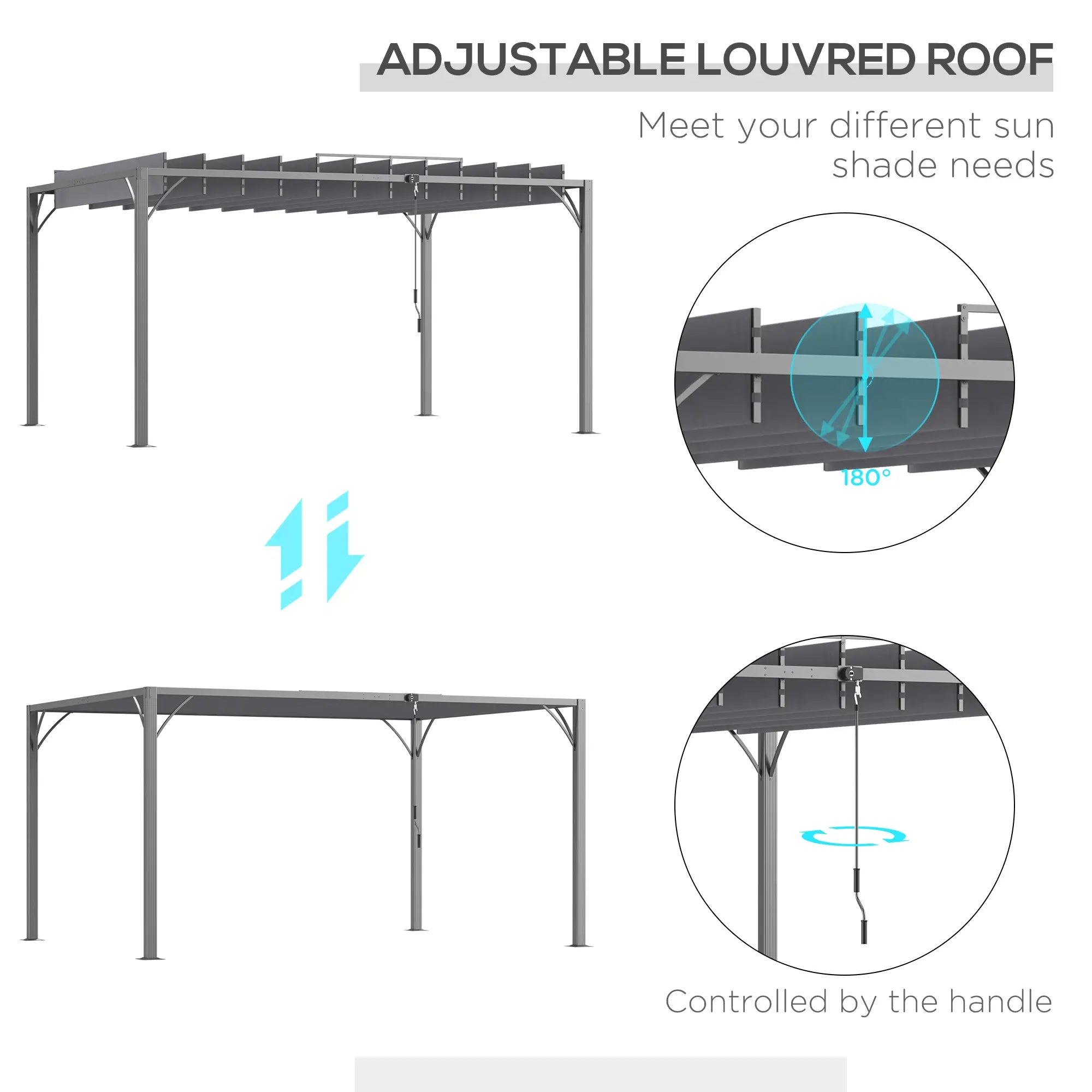 12.8' x 9.7' Outdoor Pergola, Retractable Roof, Aluminium Louvered Canopy, Grey Pergolas at Gallery Canada