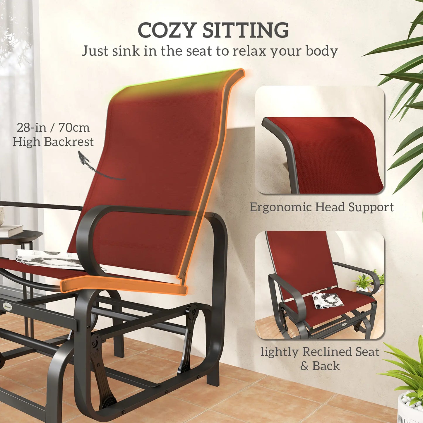 Outdoor Glider Chair, Breathable Mesh Fabric, Patio Garden Seat, Wine Red Outdoor Gliders at Gallery Canada