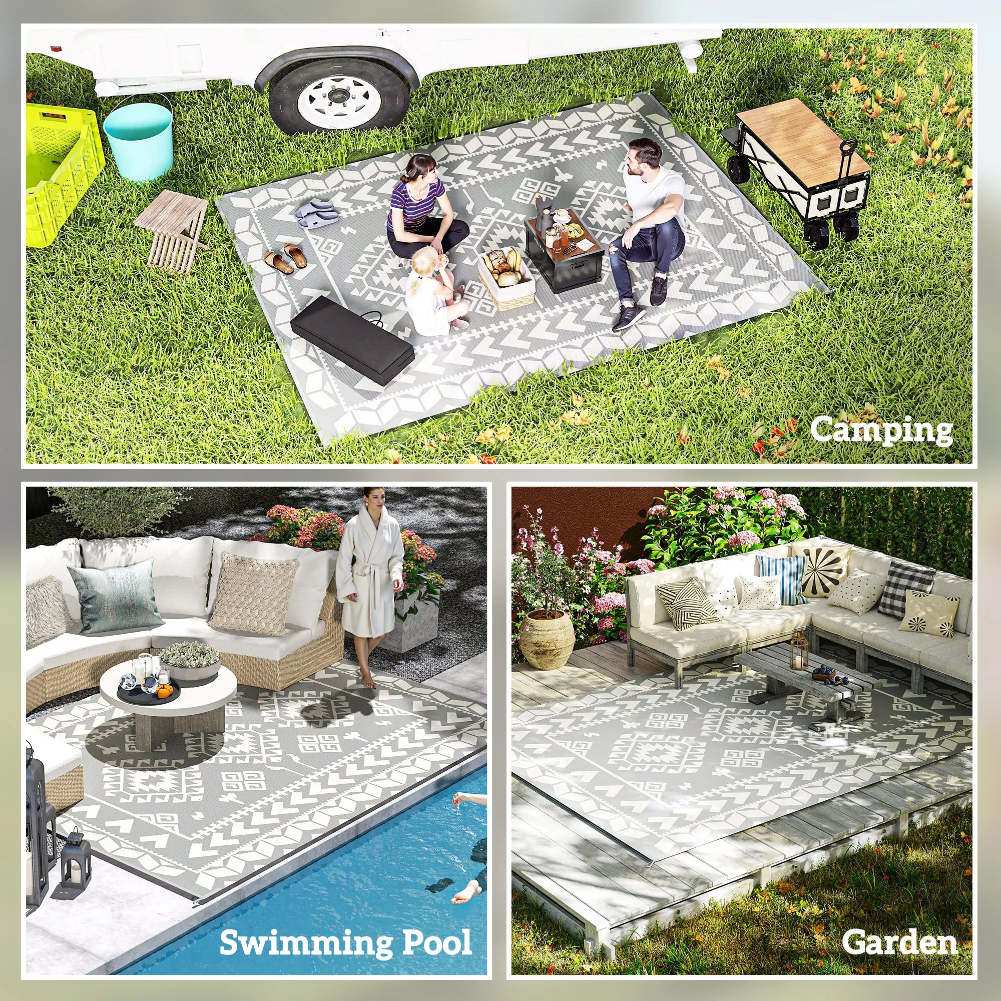 9' x 12' Outdoor RV Rug, Reversible Patio Mat, White and Grey Garden Decor at Gallery Canada