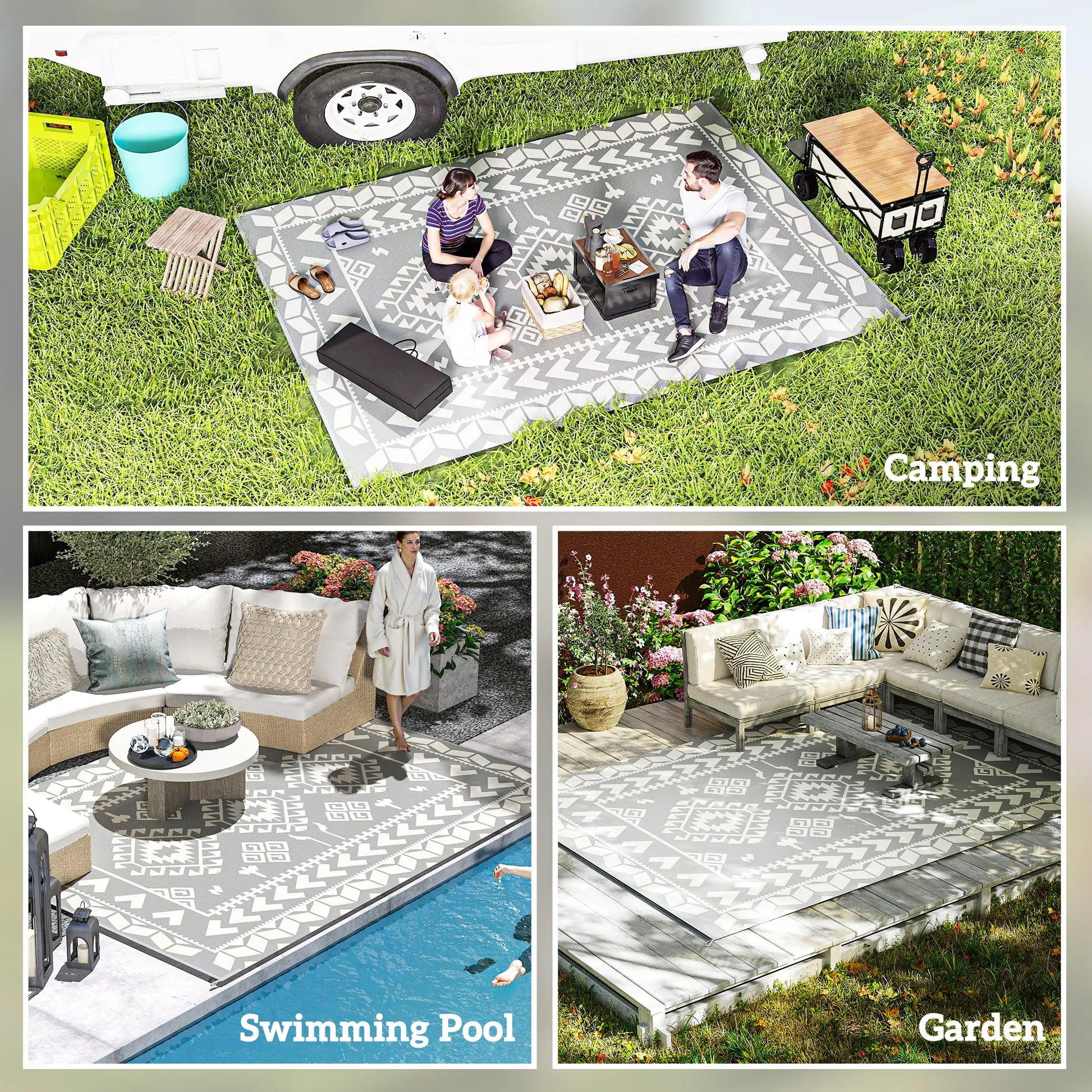 9' x 12' Outdoor RV Rug, Reversible Patio Mat, White and Grey Garden Decor at Gallery Canada