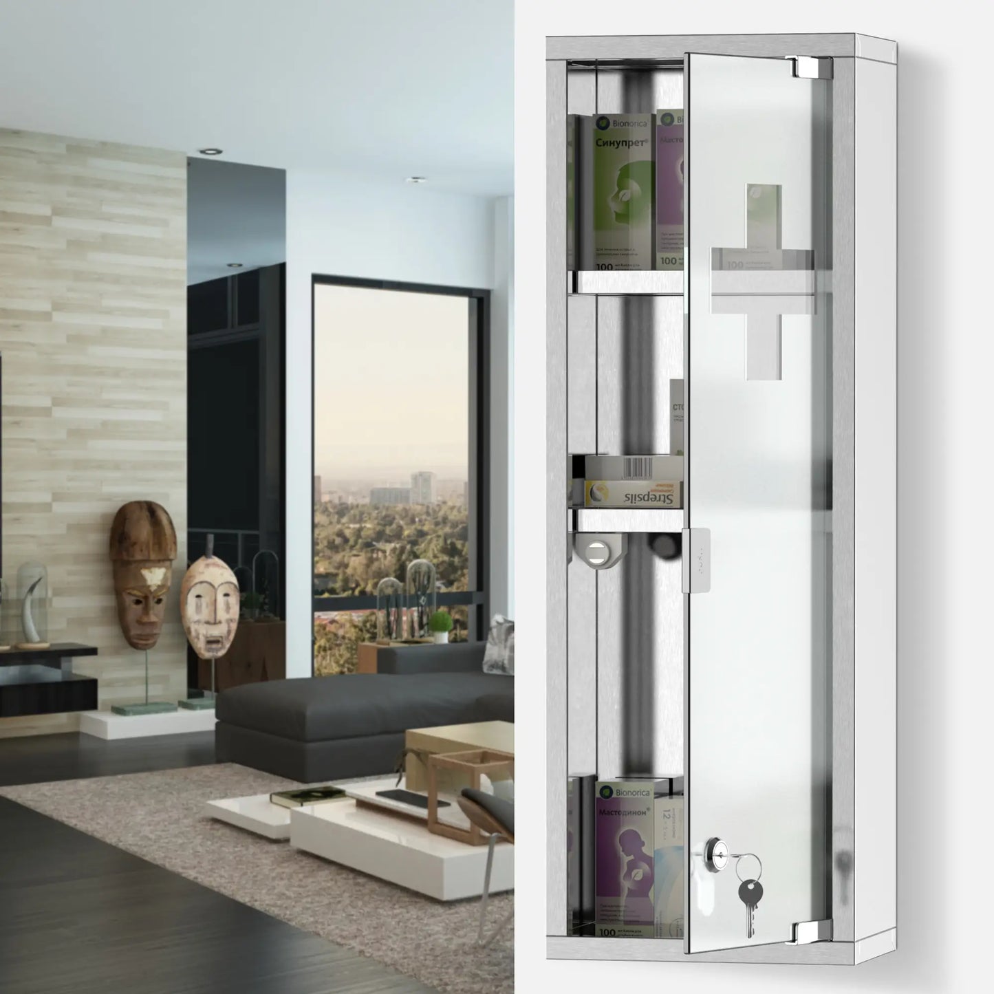 Wall Mount Medicine Cabinet, 3 Tier Shelves, Stainless Steel Frame, Glass Door, Lockable, 8" x 23", Silver Mirror Medicine Cabinets at Gallery Canada