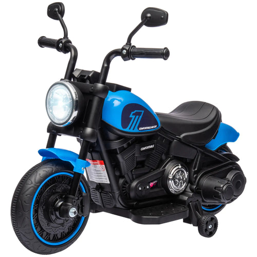 6V Kids Motorcycle, Training Wheels, Foot Pedal, Headlight, Music, Blue