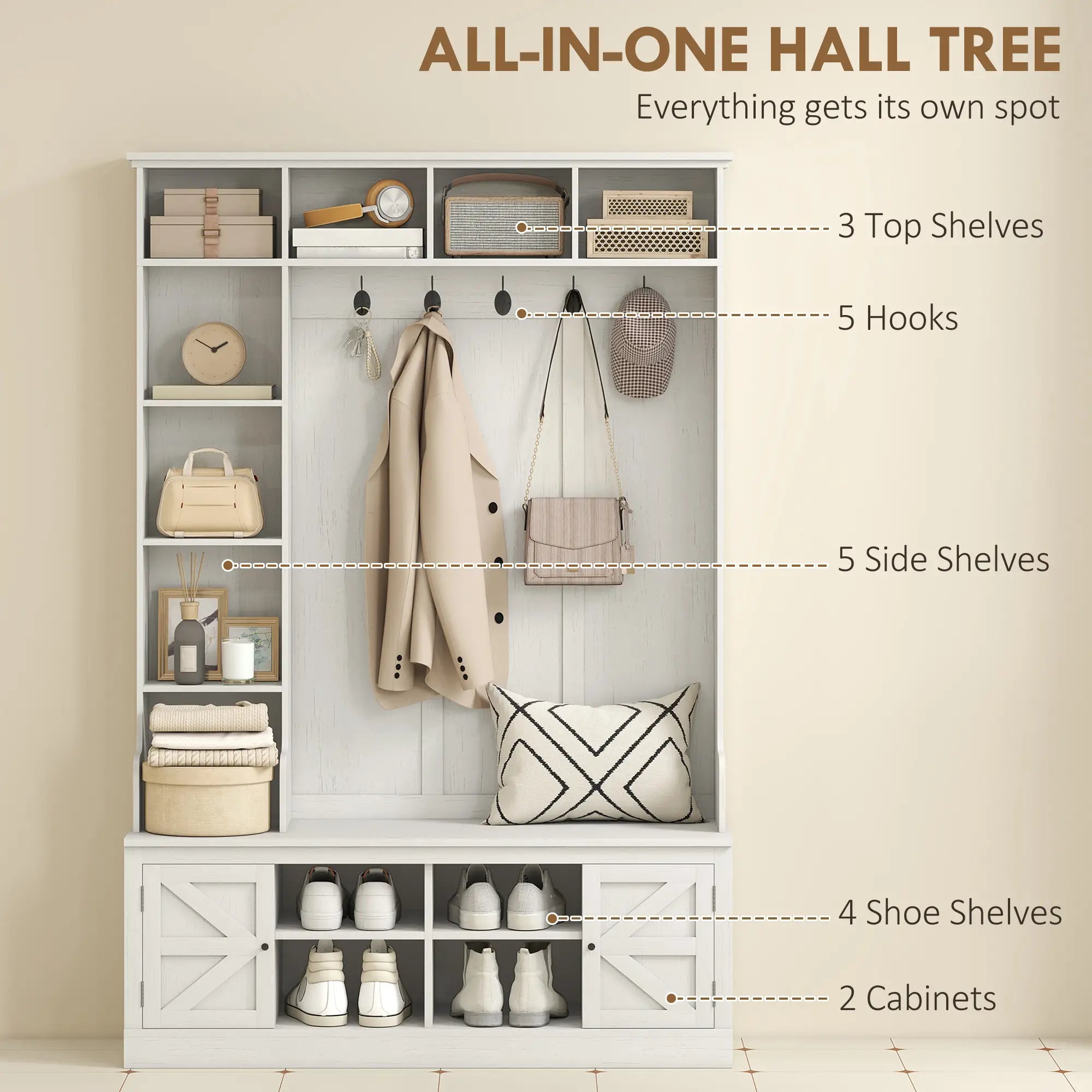 Hall Tree Bench With Shoe Storage, 12 Shelves, 2 Cabinets, 5 Hooks, White Clothing Storage at Gallery Canada