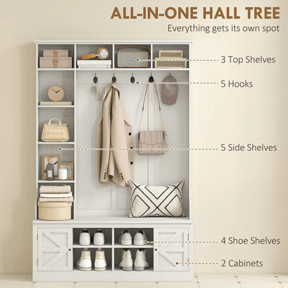 Hall Tree Bench With Shoe Storage, 12 Shelves, 2 Cabinets, 5 Hooks, White Clothing Storage at Gallery Canada