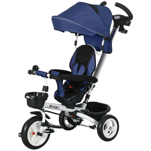 6 in 1 Toddler Tricycle, Parent Push Handle, Canopy, Storage Baskets, Dark Blue Tricycles for Kids Dark Blue, White at Gallery Canada