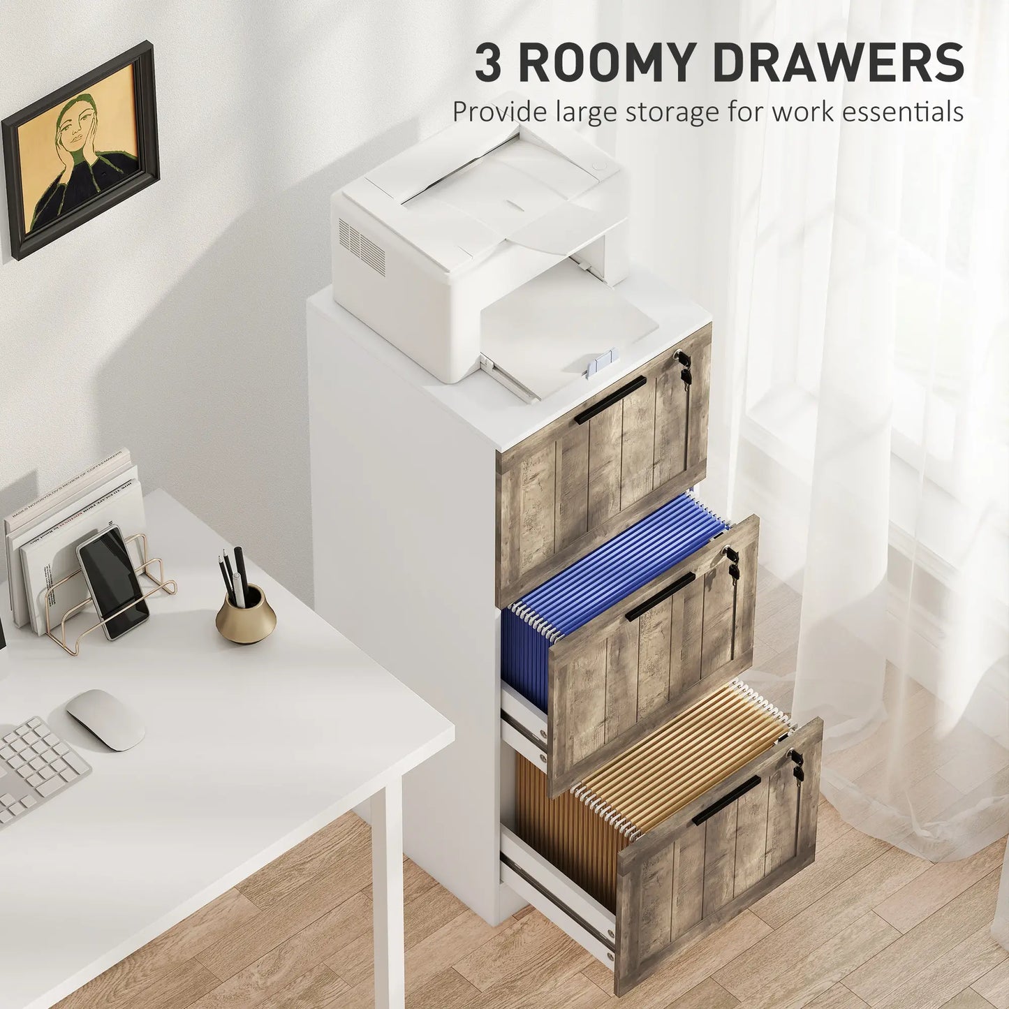 3 Drawer Filing Cabinet, Farmhouse Style, Adjustable Hanging Rails, A4 Letter Size, White Office Cabinets & Cupboards at Gallery Canada