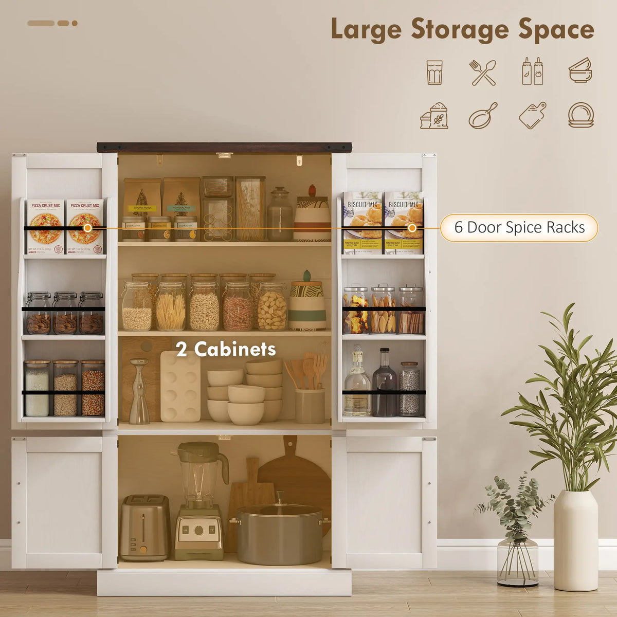 53.5 Inch Pantry Cabinet, Adjustable Shelves, 6 Door Spice Racks, White Kitchen Pantry Cabinets at Gallery Canada