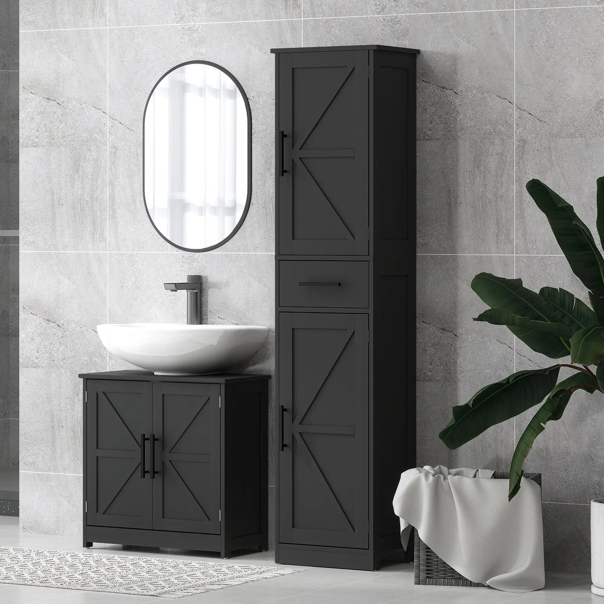 67" Tall Bathroom Cabinet, Narrow Storage with Drawer, Barn Doors, Adjustable Shelves, Black Bathroom Cabinets at Gallery Canada