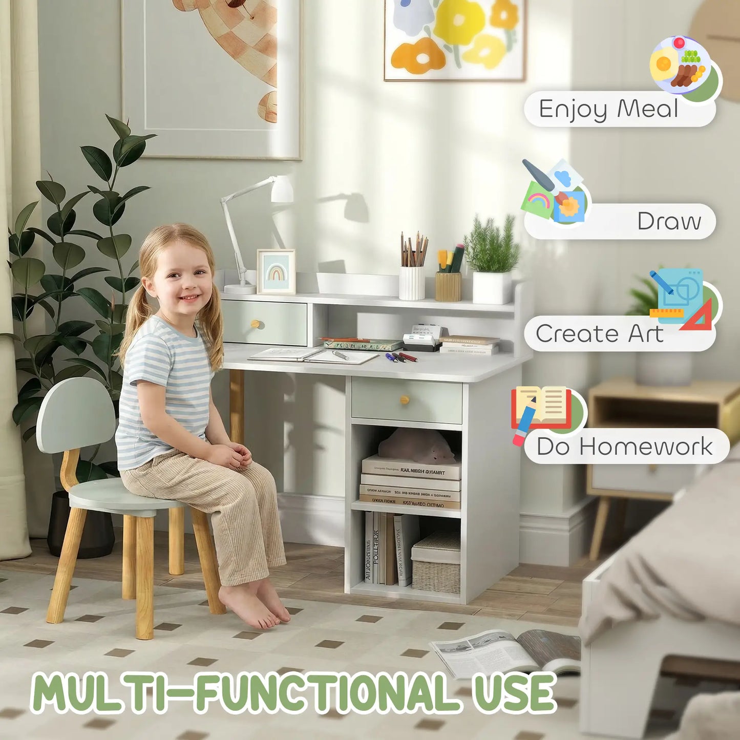 Kids Study Table and Chair Set with Storage, for 3-8 Year Old, Green Kids Desk Sets at Gallery Canada