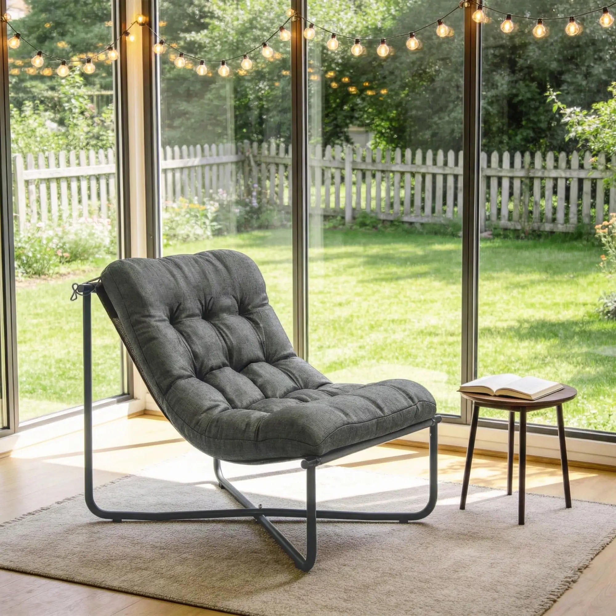Outdoor Patio Chair, Comfy Sling Lounge With Cushion, Steel Frame, Dark Grey Patio Chairs at Gallery Canada