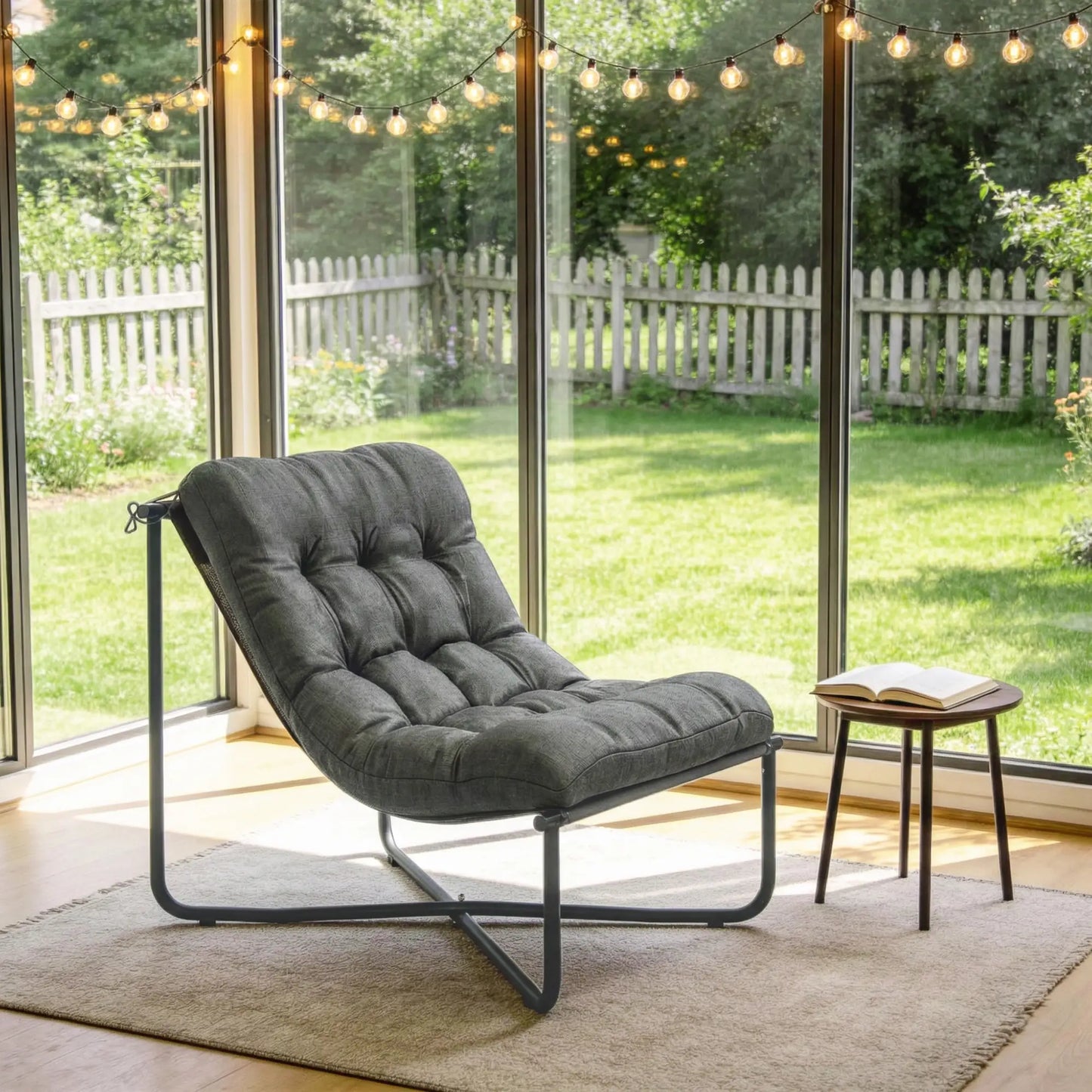Outdoor Patio Chair, Comfy Sling Lounge With Cushion, Steel Frame, Dark Grey Patio Chairs at Gallery Canada