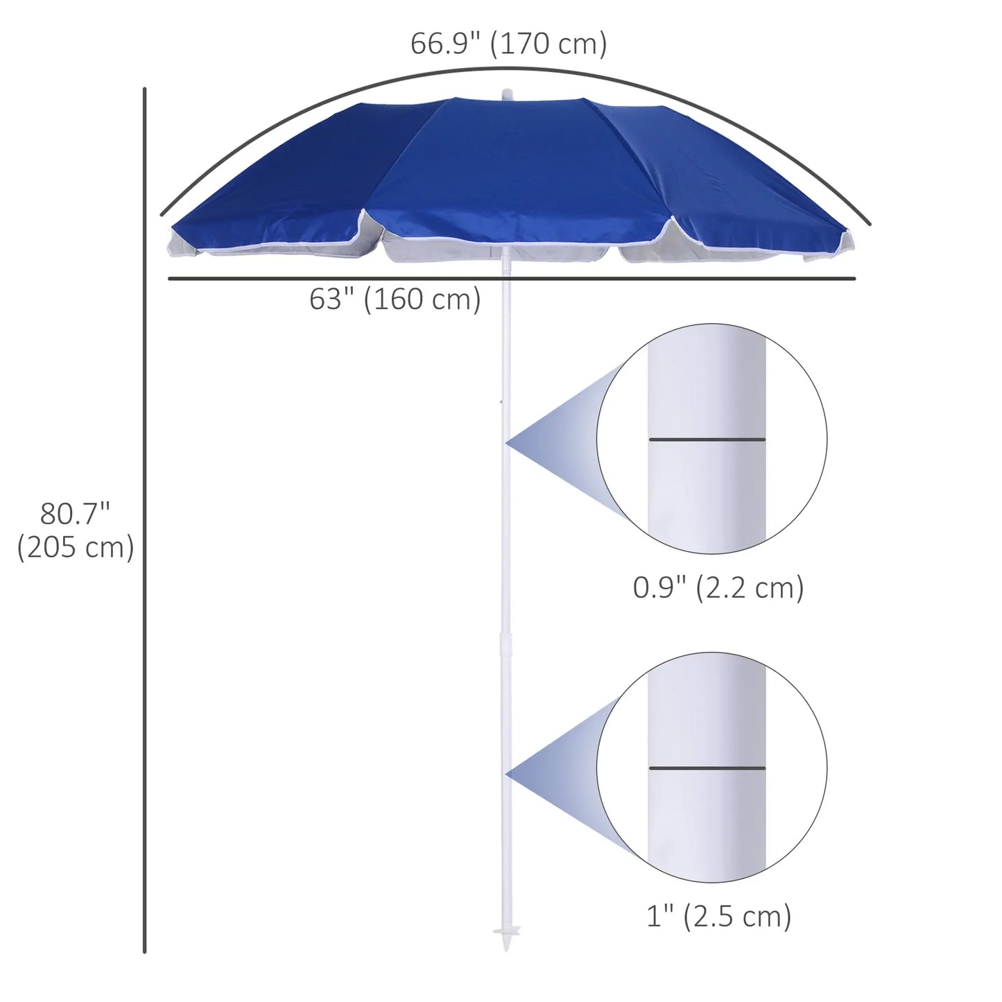 6.7ft Beach Umbrella, Push Button Tilt, Ruffled, Blue Beach Umbrellas at Gallery Canada