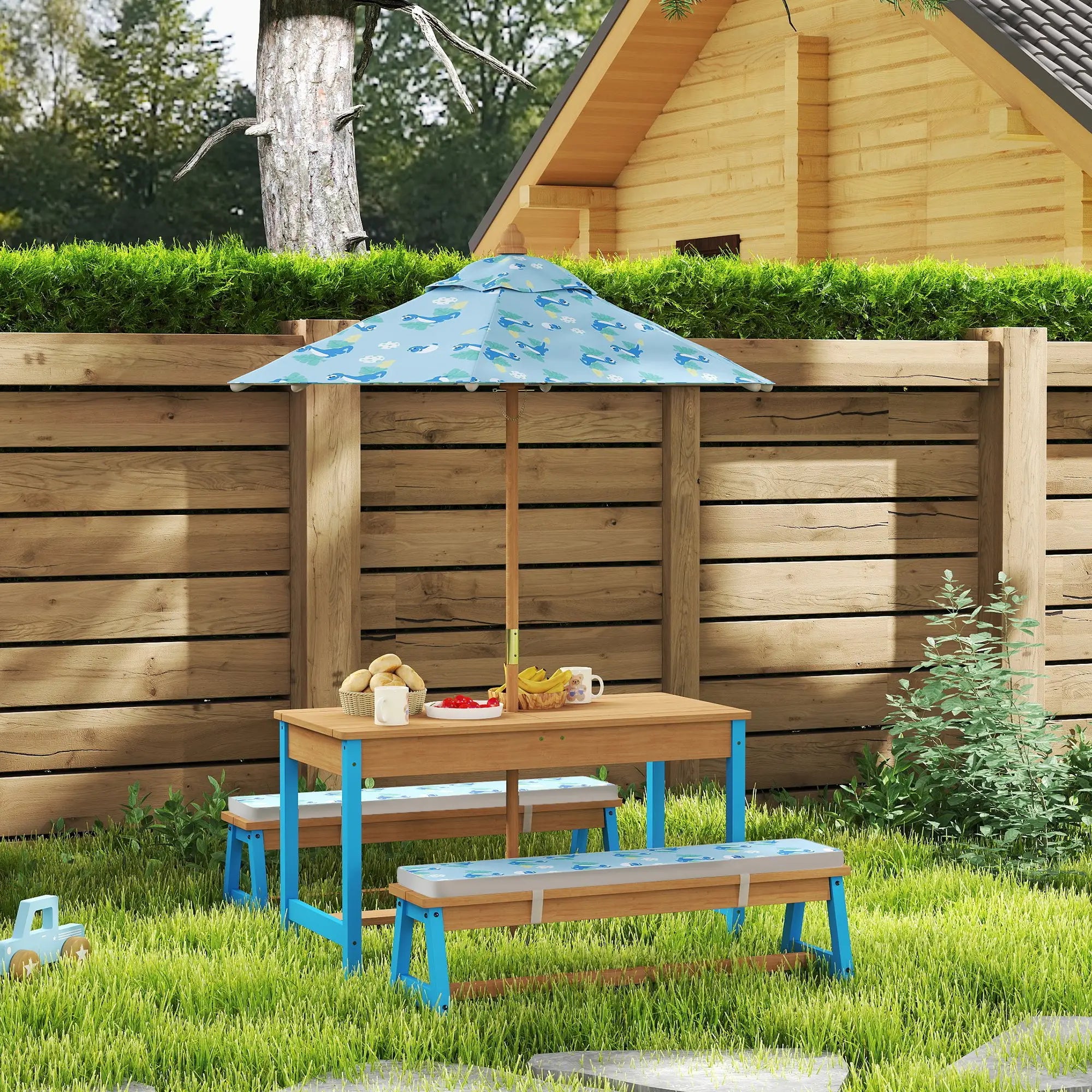 Kids Picnic Table Bench Set with Umbrella, Cushions, Boxes, Dinosaur Theme, Blue Kids Outdoor Furniture at Gallery Canada