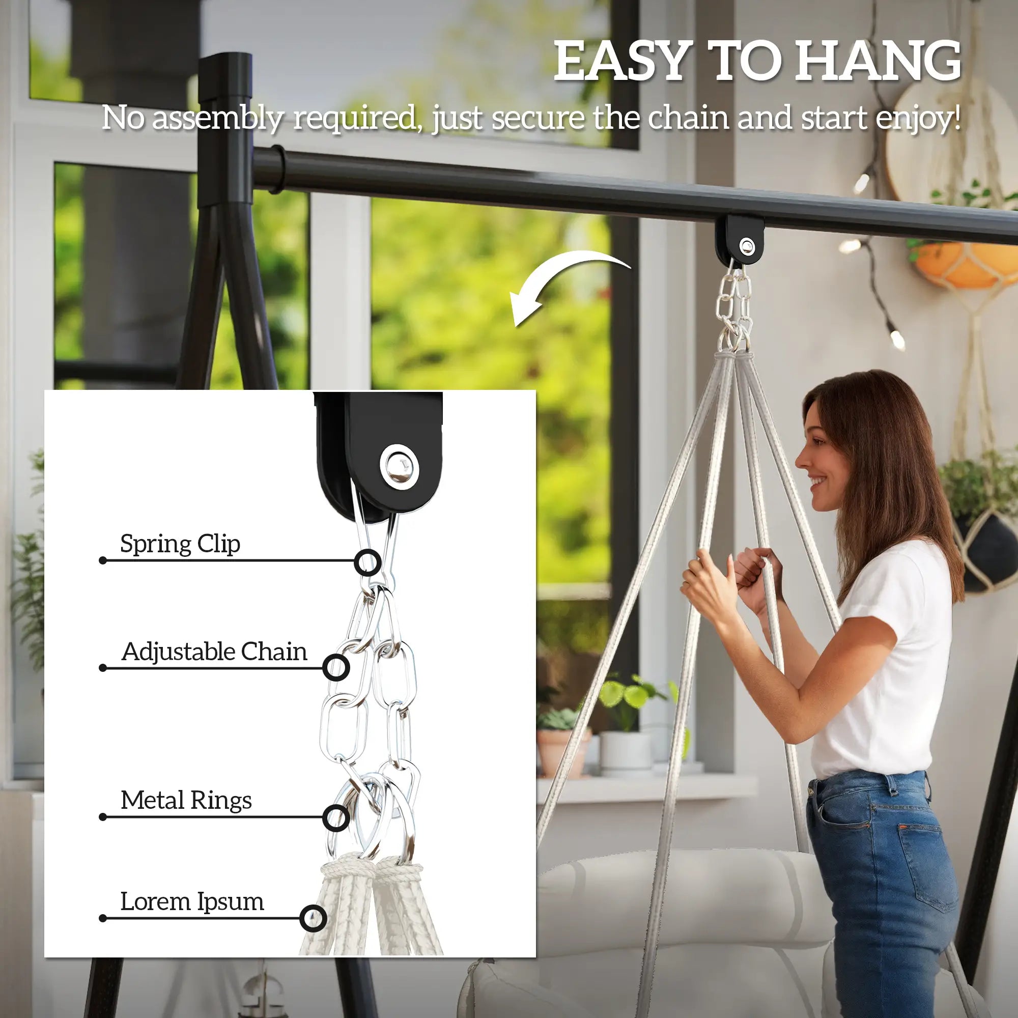 Boho Hammock Chair Swing with Cushion, Chain, Steel Frame, Cream Hammock Swings at Gallery Canada