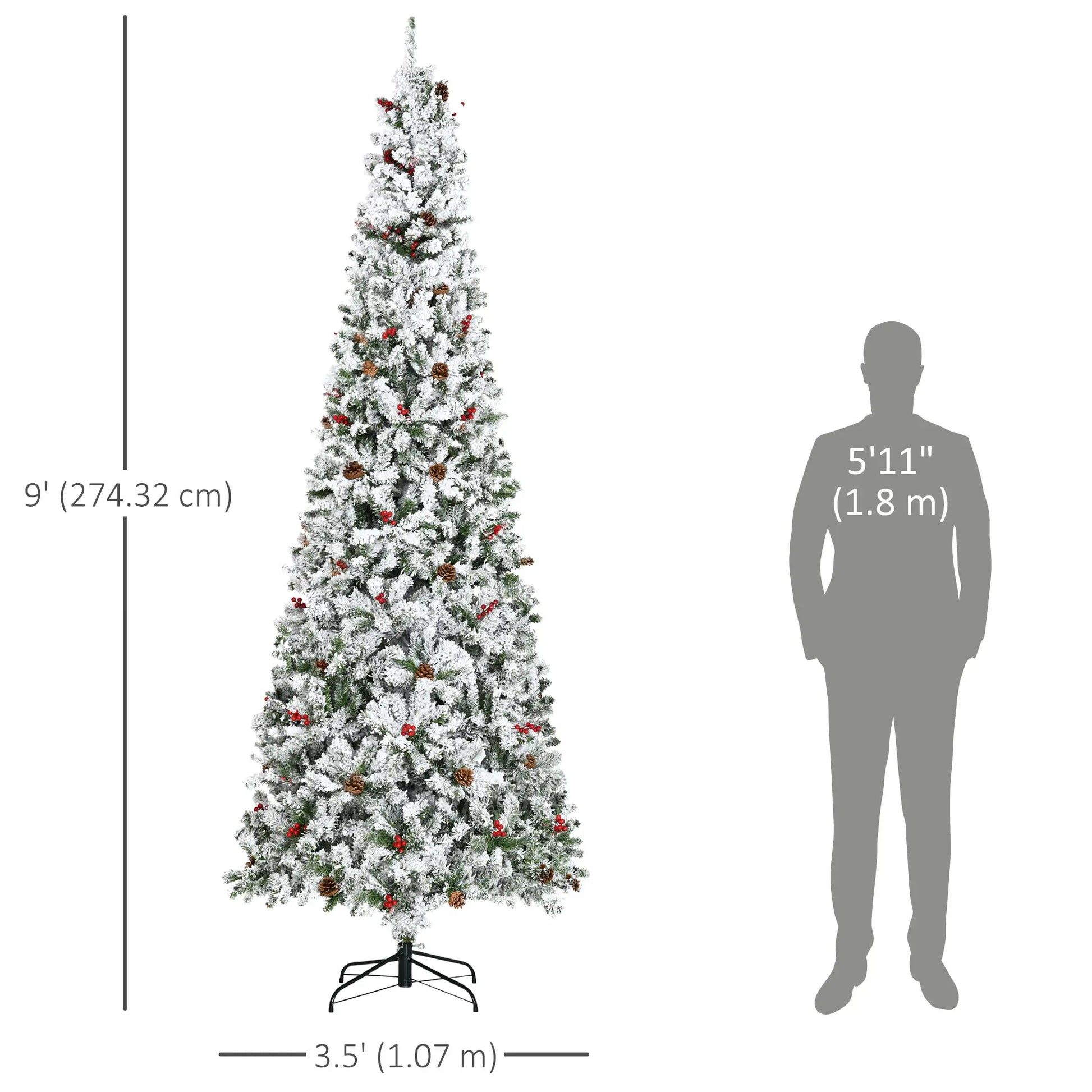 9-Foot Pencil Snow Flocked Artificial Christmas Tree, 1350 Pine Branches, Pine Cones, Red Berries, Auto Open, Green Pencil Christmas Trees at Gallery Canada