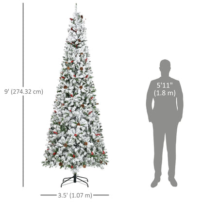 9-Foot Pencil Snow Flocked Artificial Christmas Tree, 1350 Pine Branches, Pine Cones, Red Berries, Auto Open, Green Pencil Christmas Trees at Gallery Canada