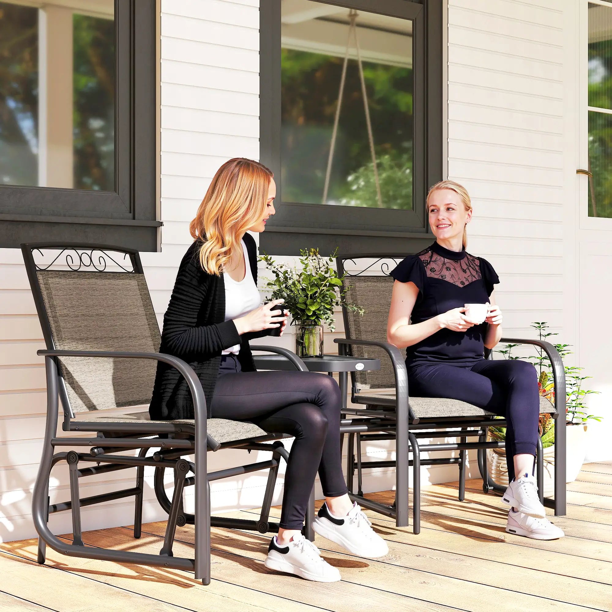 Outdoor Glider Bench with Coffee Table, 2-Seat Rocking Chair Swing, Brown Outdoor Gliders at Gallery Canada
