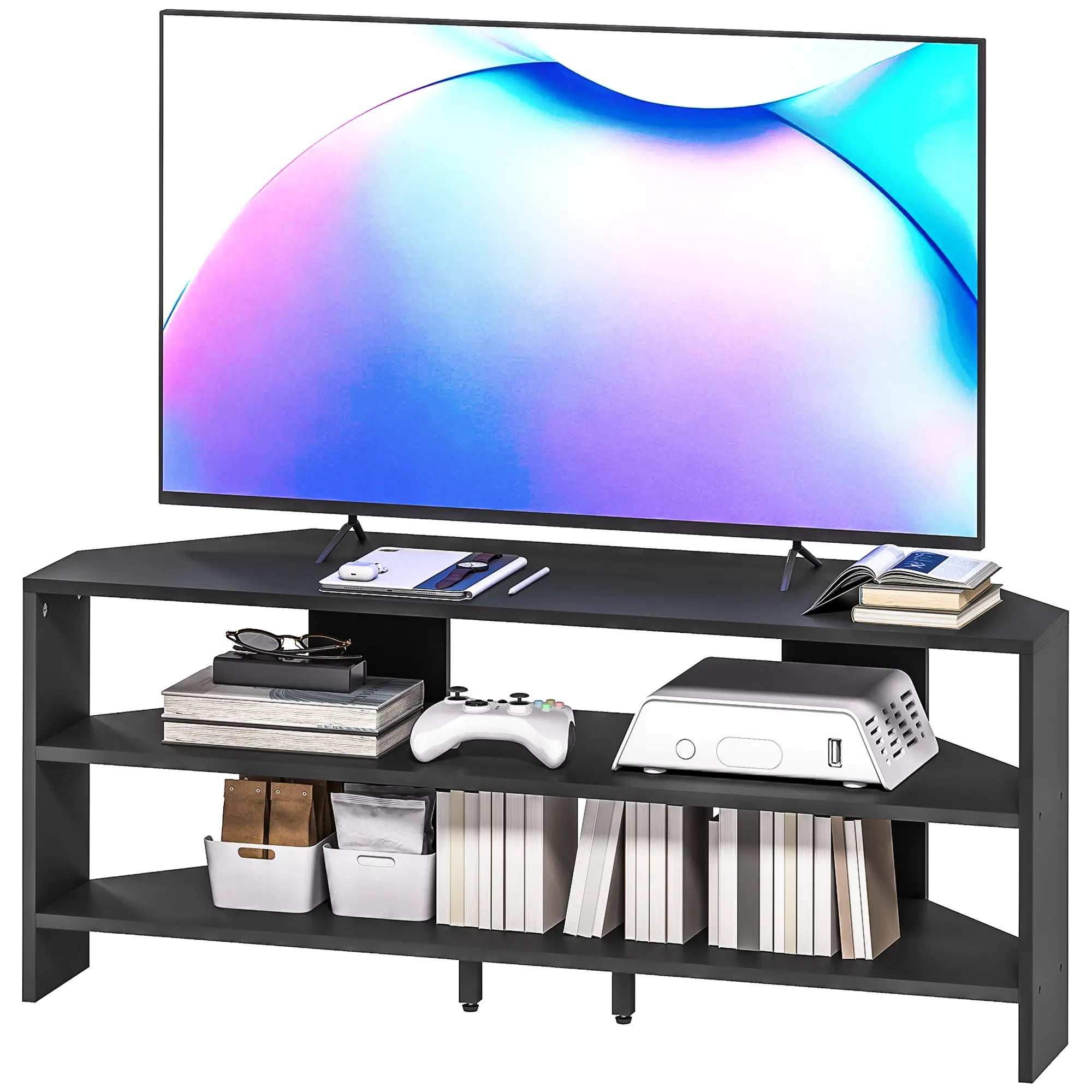 Corner TV Stand, 47 Inch, Modern Table With 2 Shelves, Black TV Stands Black at Gallery Canada