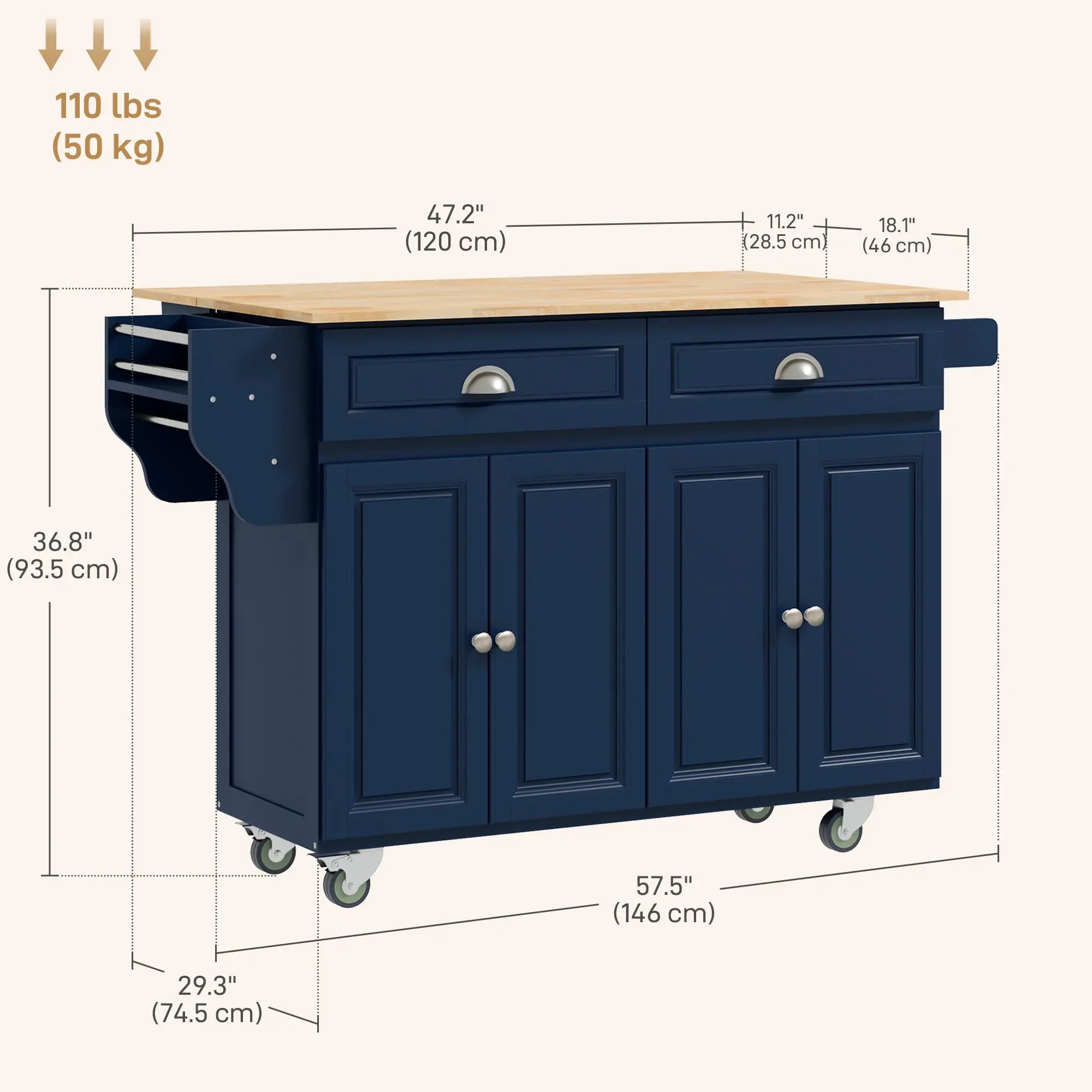 Kitchen Island with Storage, Drop Leaf, Rubber Wood Top, Navy Blue Kitchen Islands & Kitchen Carts at Gallery Canada