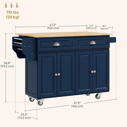 Kitchen Island with Storage, Drop Leaf, Rubber Wood Top, Navy Blue Kitchen Islands & Kitchen Carts at Gallery Canada
