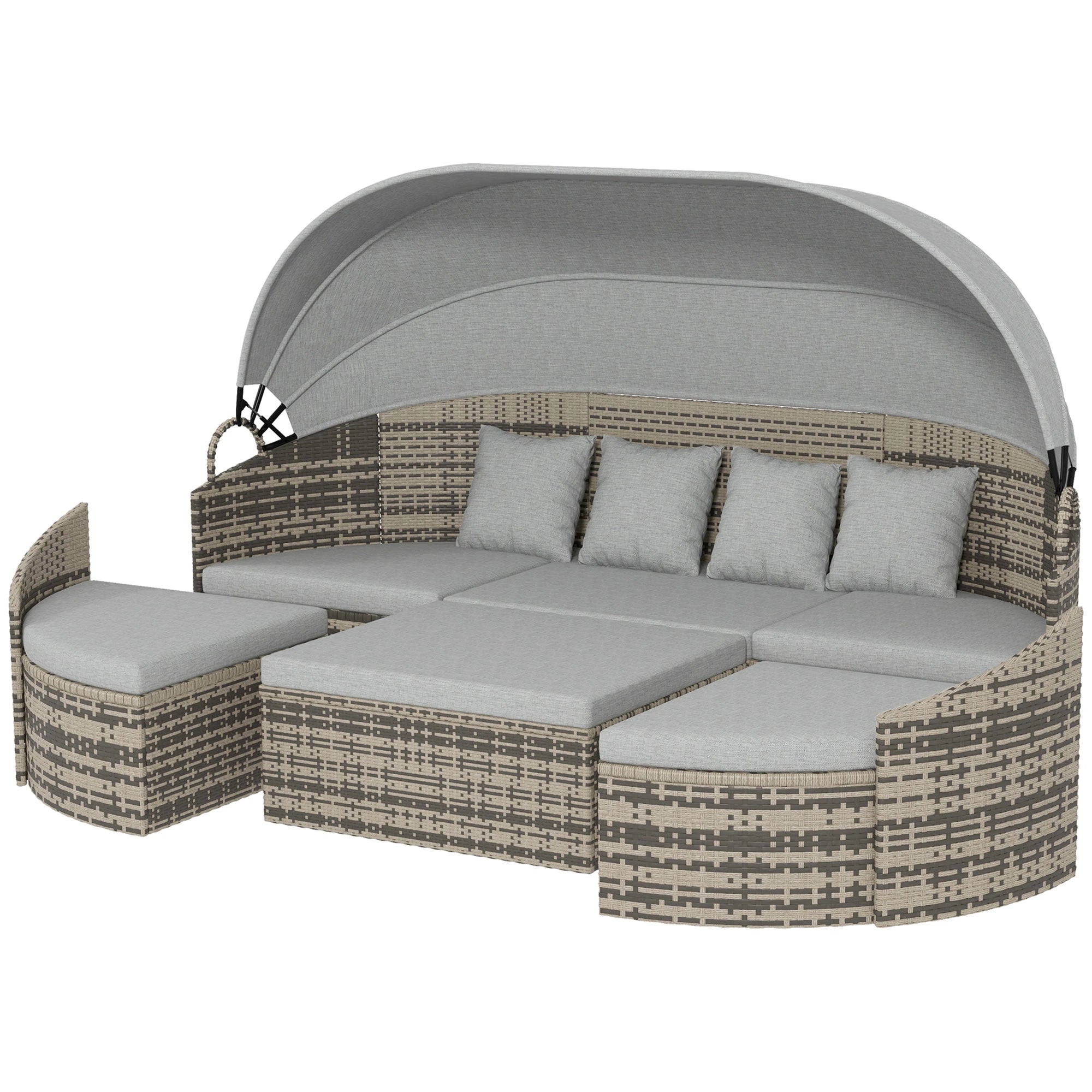 4-Piece PE Wicker Round Daybed, Outdoor Rattan Lounge Set, Light Grey Daybeds Mixed Grey Rattan, Light Grey Cushion at Gallery Canada