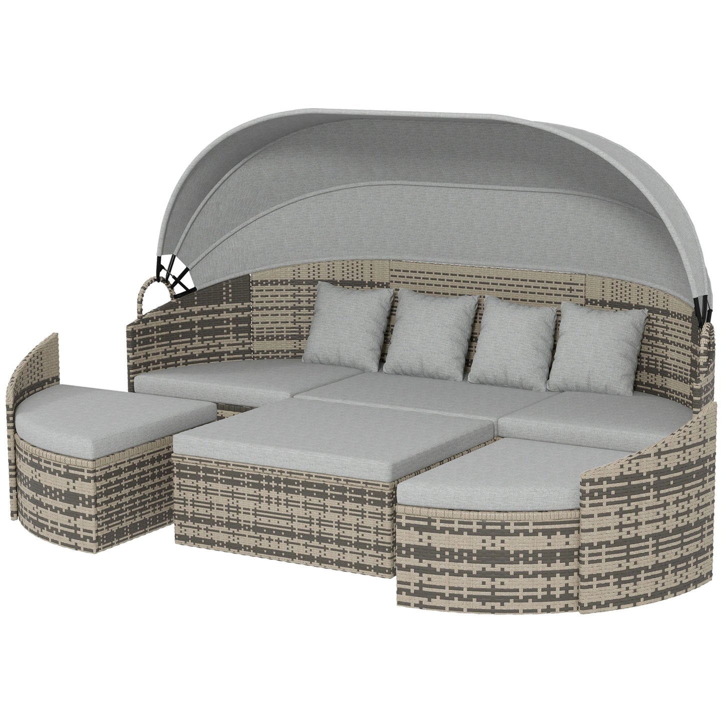 4-Piece PE Wicker Round Daybed, Outdoor Rattan Lounge Set, Light Grey Daybeds Mixed Grey Rattan, Light Grey Cushion at Gallery Canada